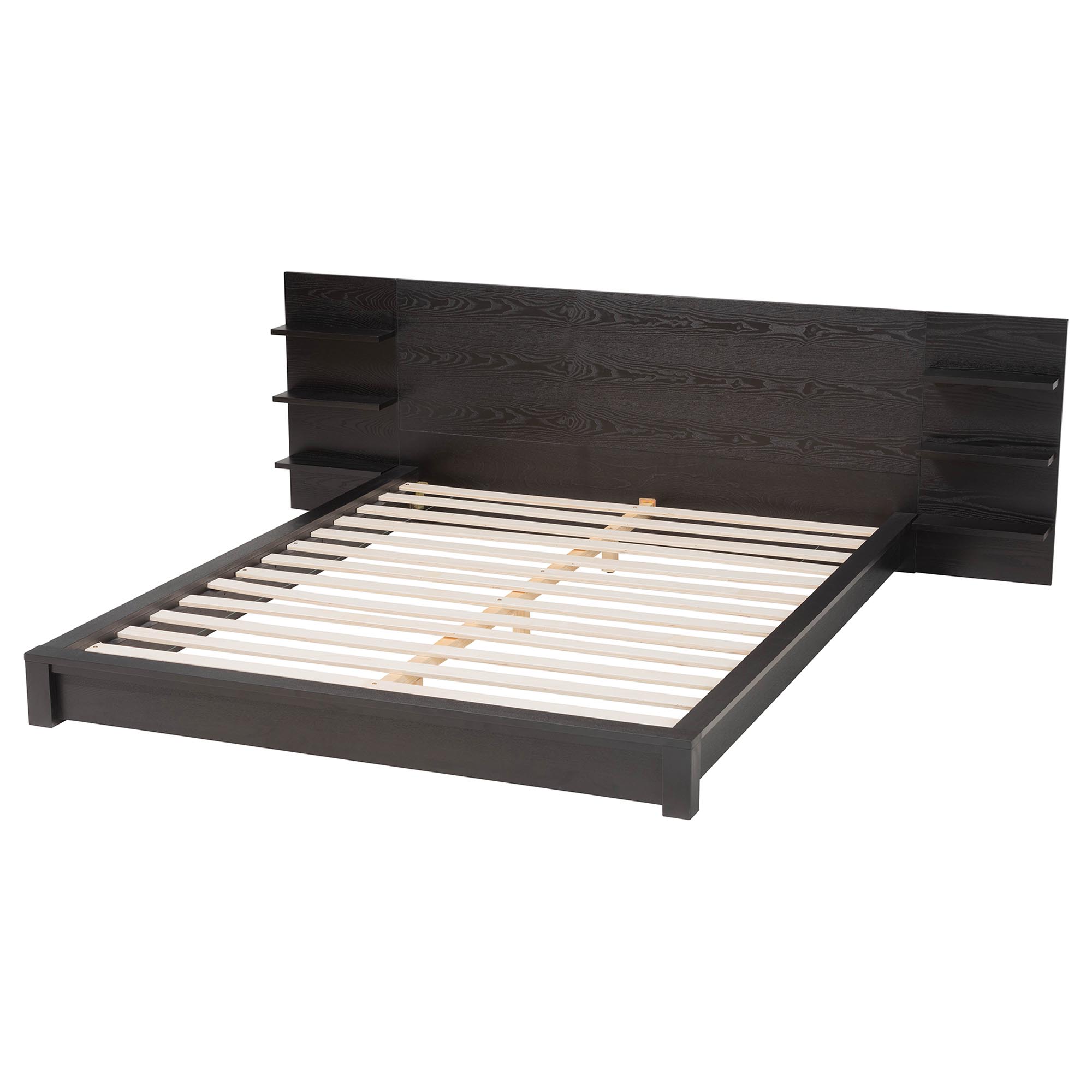 Baxton Studio Elina Modern Ebony Black Wood Queen Size Platform Bed with Built-In Shelves