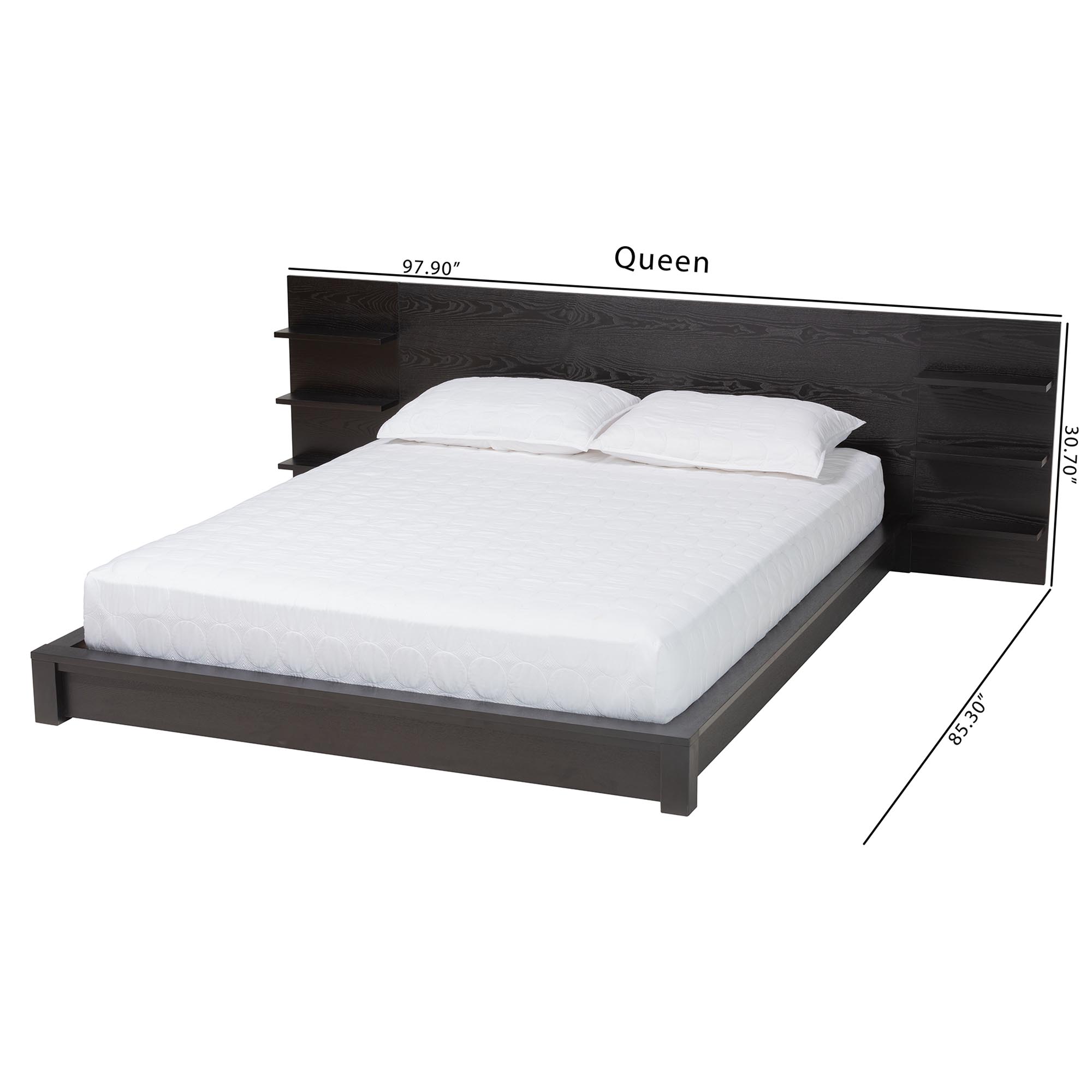 Baxton Studio Elina Modern Ebony Black Wood Queen Size Platform Bed with Built-In Shelves
