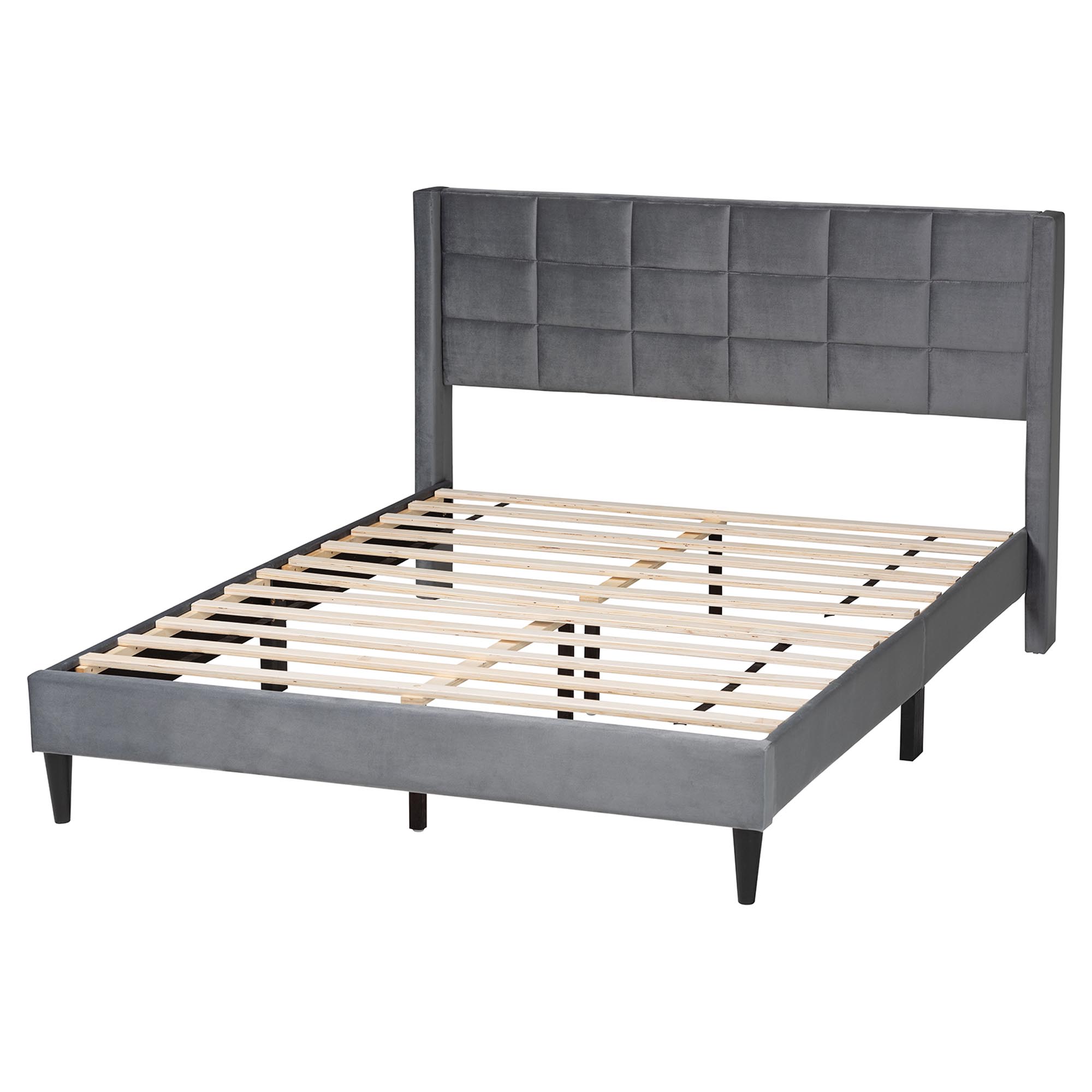 Baxton Studio Payne Modern Glam Grey Velvet and Dark Brown Wood Queen Bed