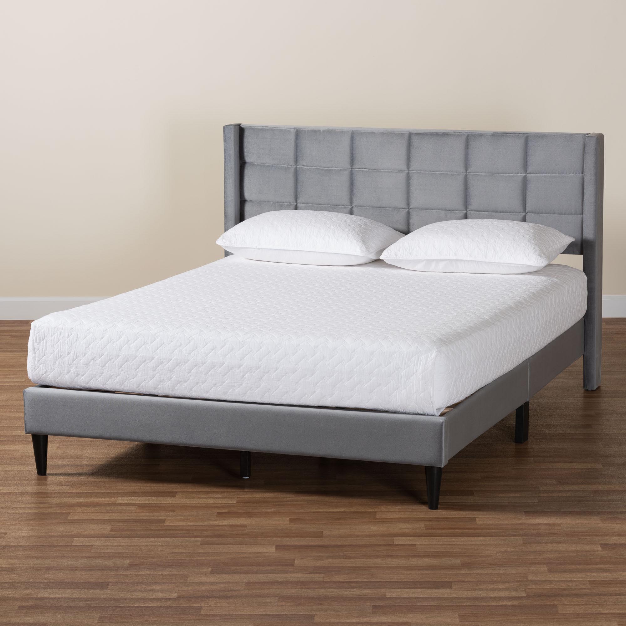 Baxton Studio Payne Modern Glam Grey Velvet and Dark Brown Wood Queen Bed