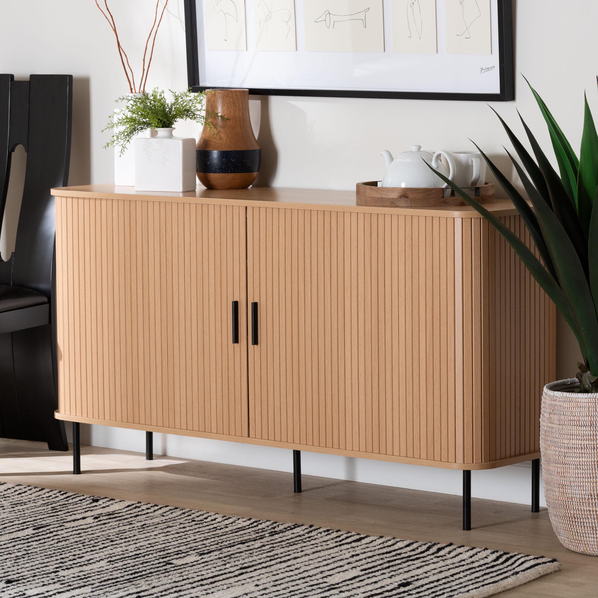 Baxton Studio Lucia Fluted Wood Sideboard - Mid-Century Modern Buffet Cabinet with Sliding Tambour Doors, 55" Wide
