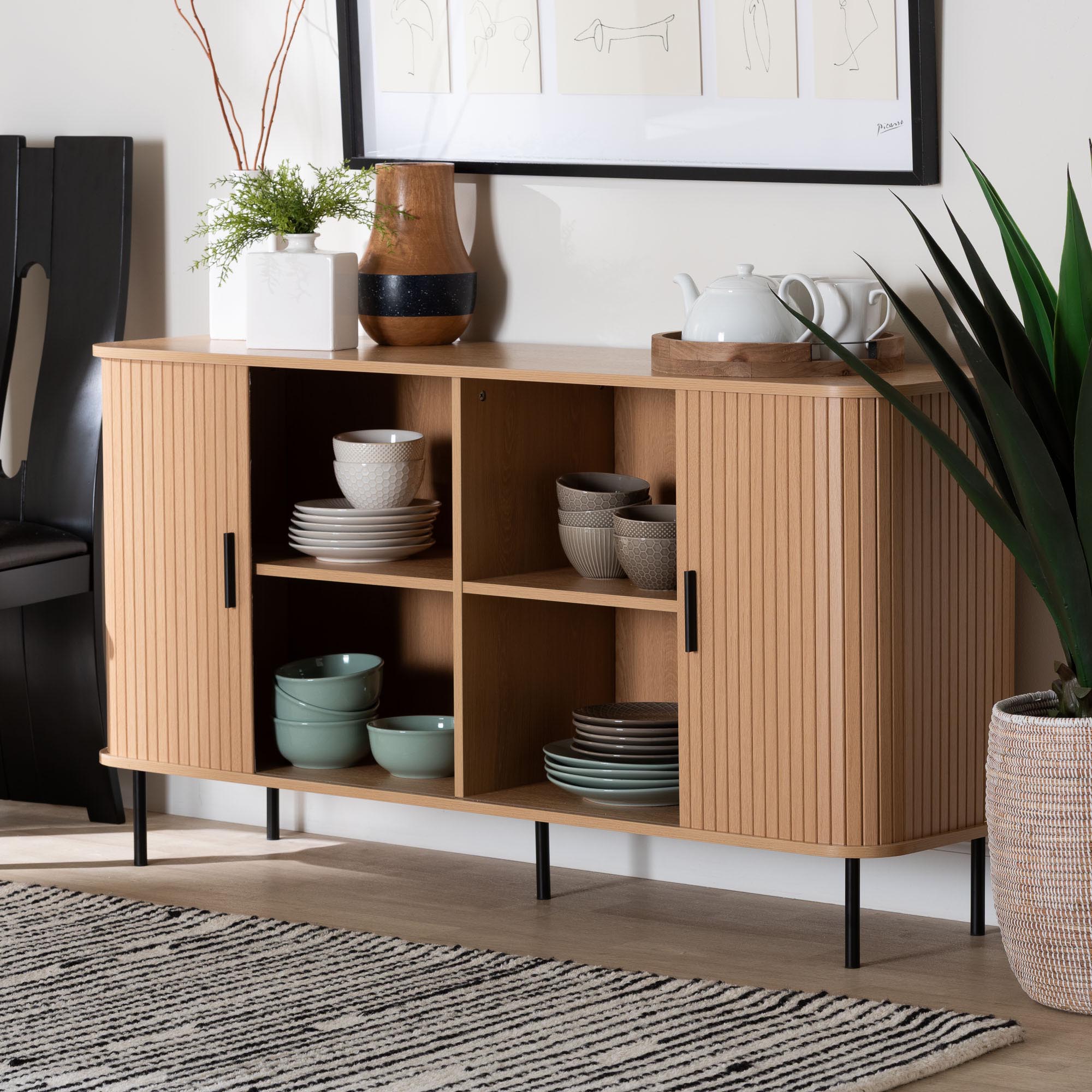 Baxton Studio Lucia Fluted Wood Sideboard - Mid-Century Modern Buffet Cabinet with Sliding Tambour Doors, 55" Wide