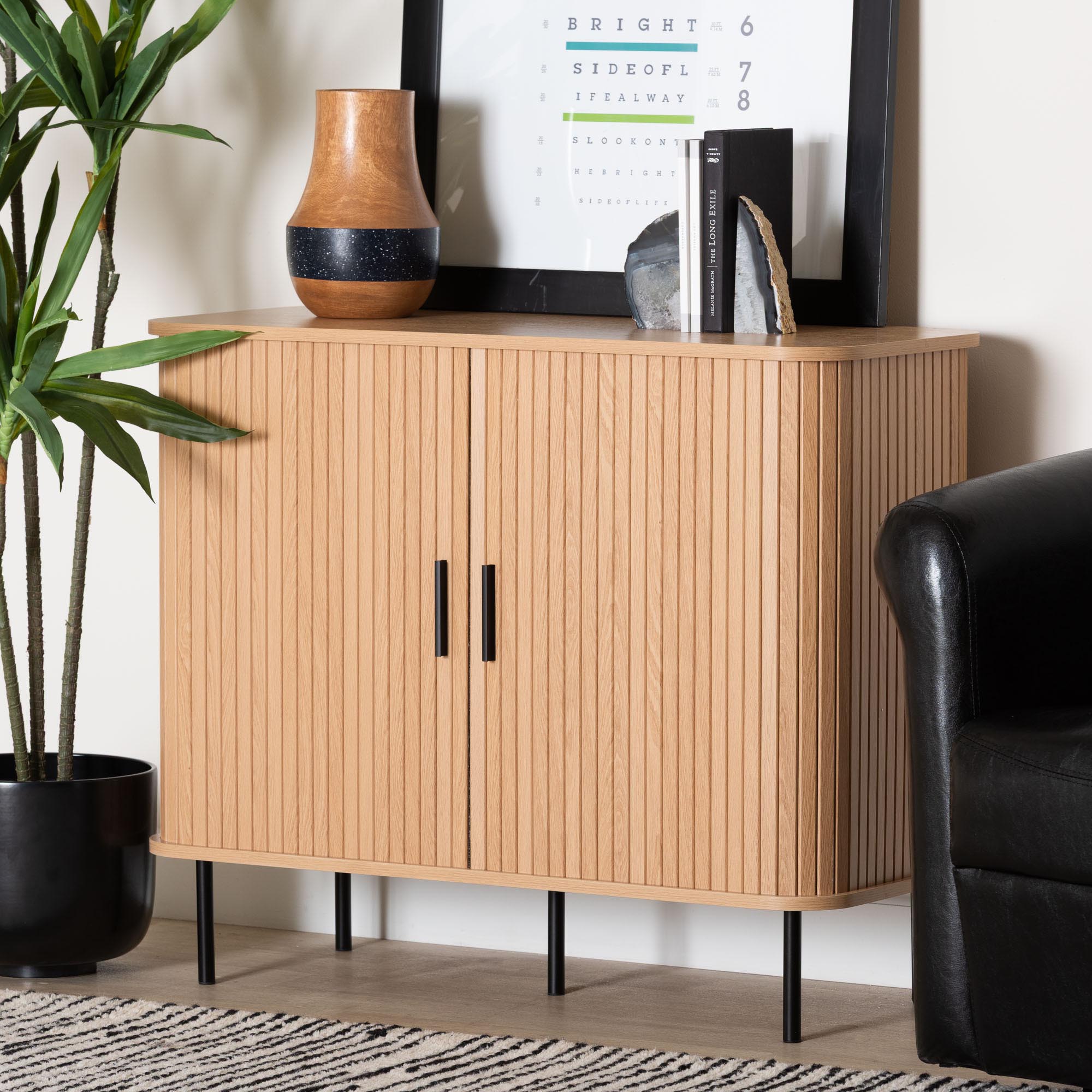 Baxton Studio Lucia Fluted Wood Storage Cabinet - Mid-Century Modern Sideboard with Sliding Tambour Doors, 35" Wide