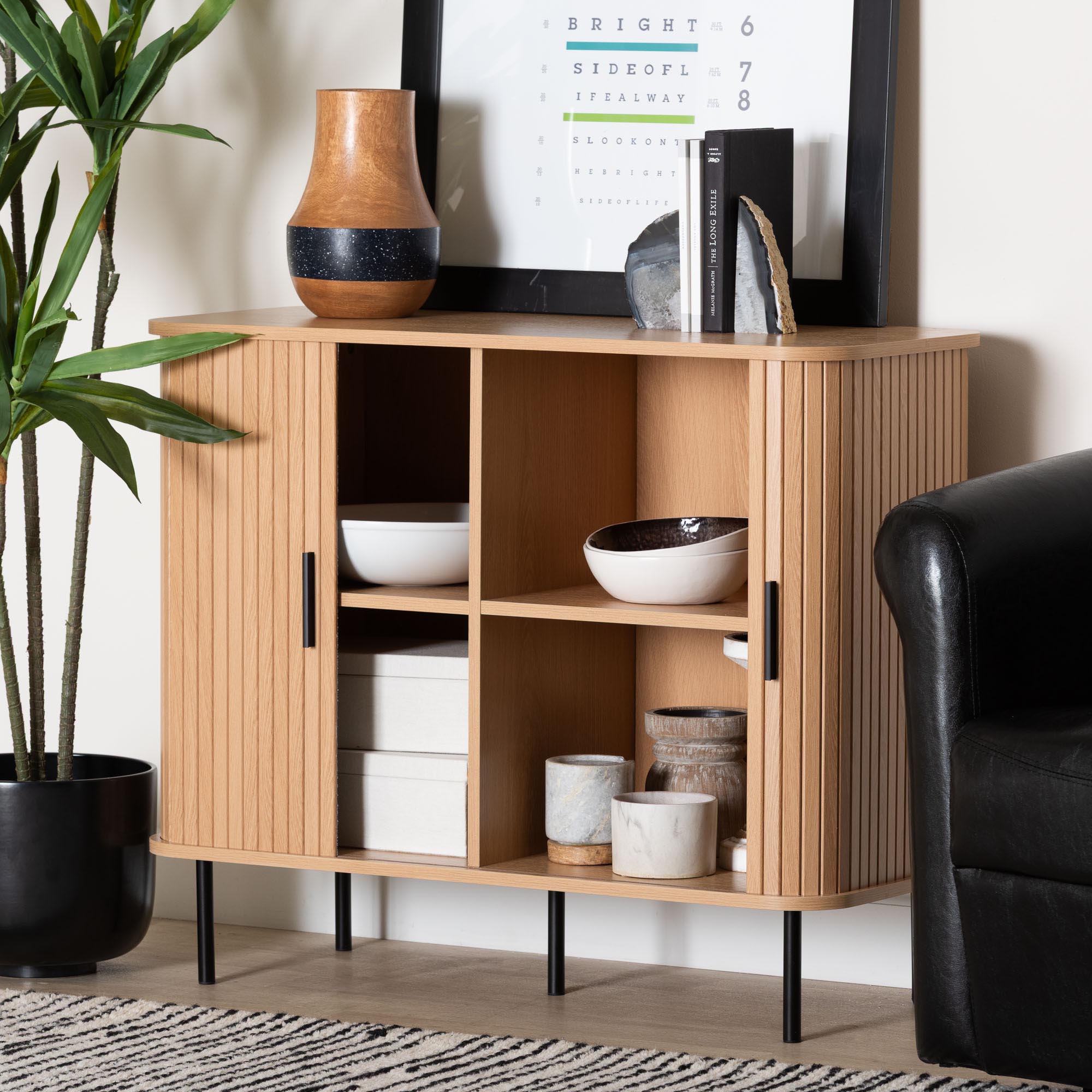 Baxton Studio Lucia Fluted Wood Storage Cabinet - Mid-Century Modern Sideboard with Sliding Tambour Doors, 35" Wide