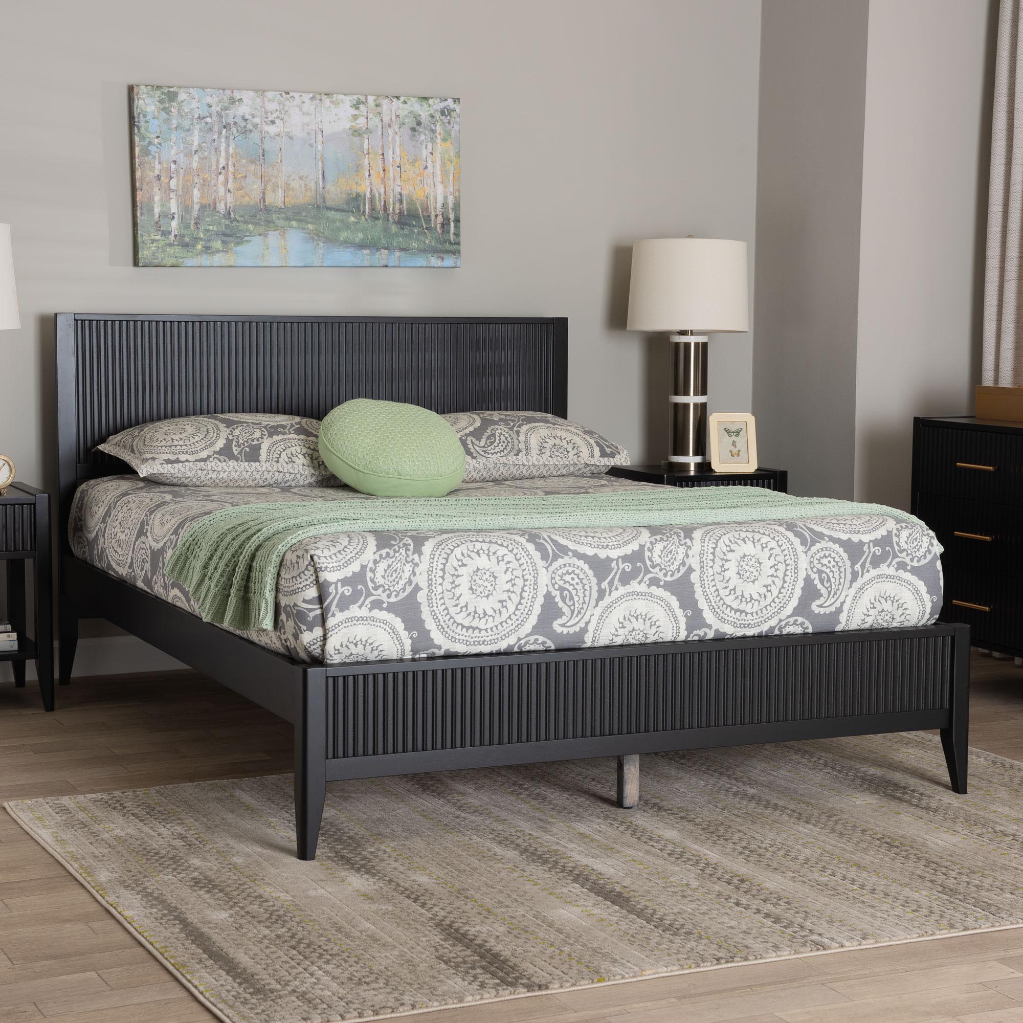 Baxton Studio Primrose Mid-Century Black Fluted Wood Queen Size Platform Bed
