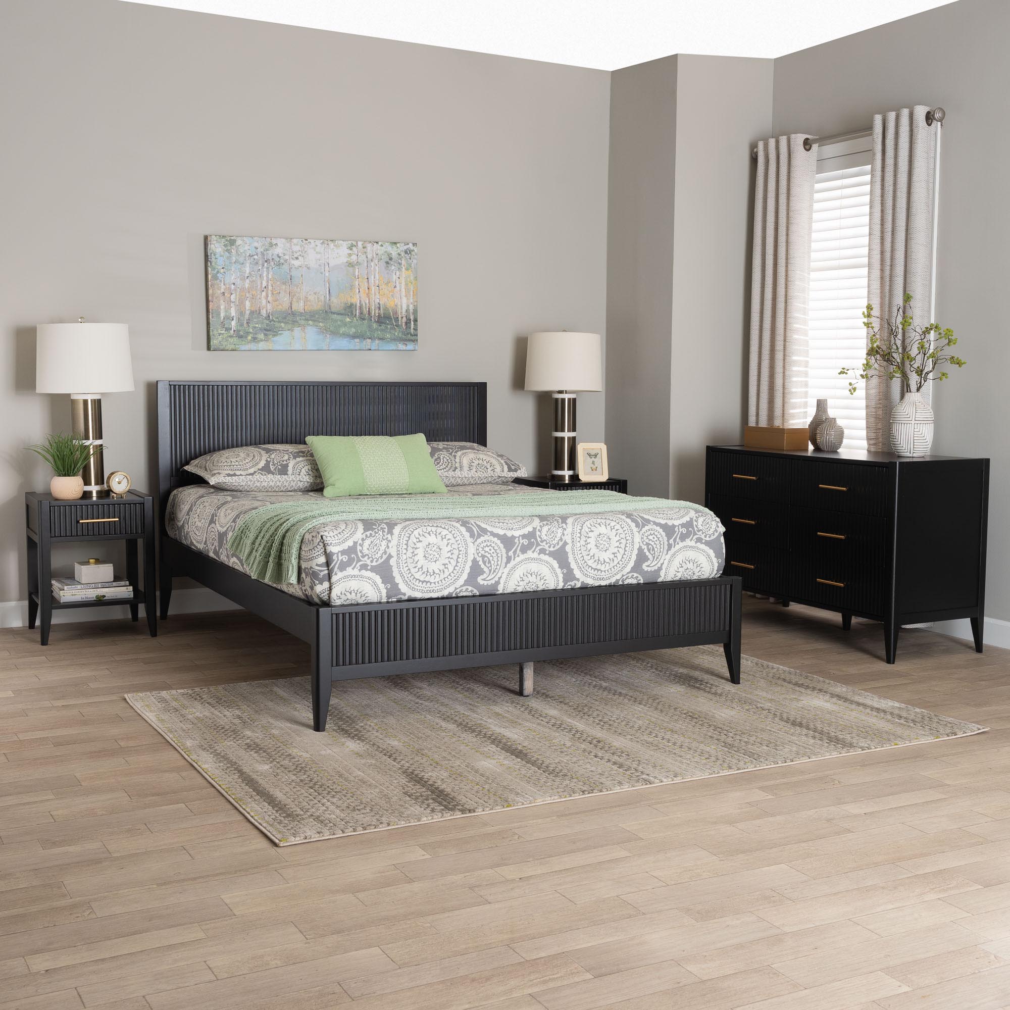 Baxton Studio Primrose Mid-Century Black Fluted Wood Queen Size 4-Piece Bedroom Set