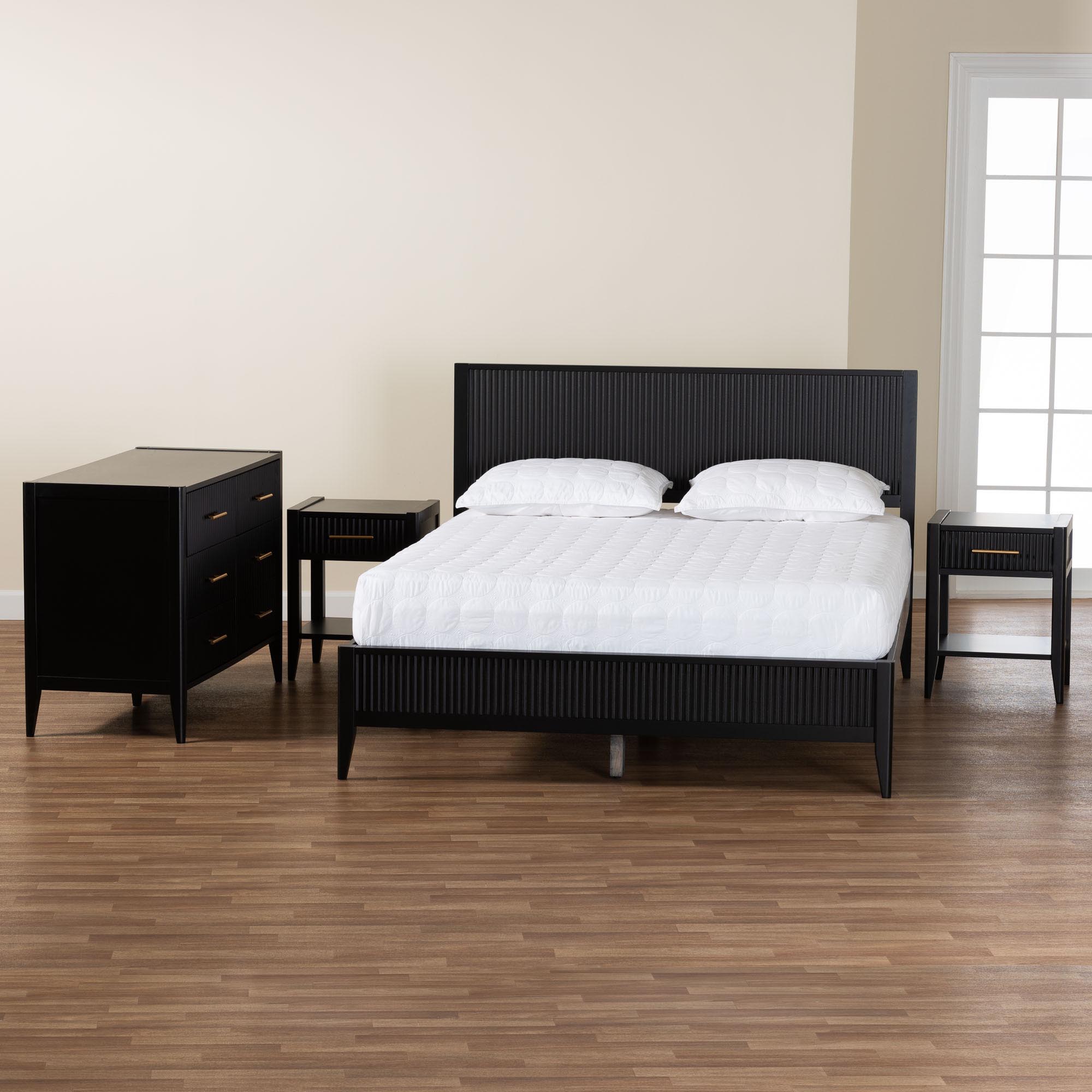Baxton Studio Primrose Mid-Century Black Fluted Wood Queen Size 4-Piece Bedroom Set