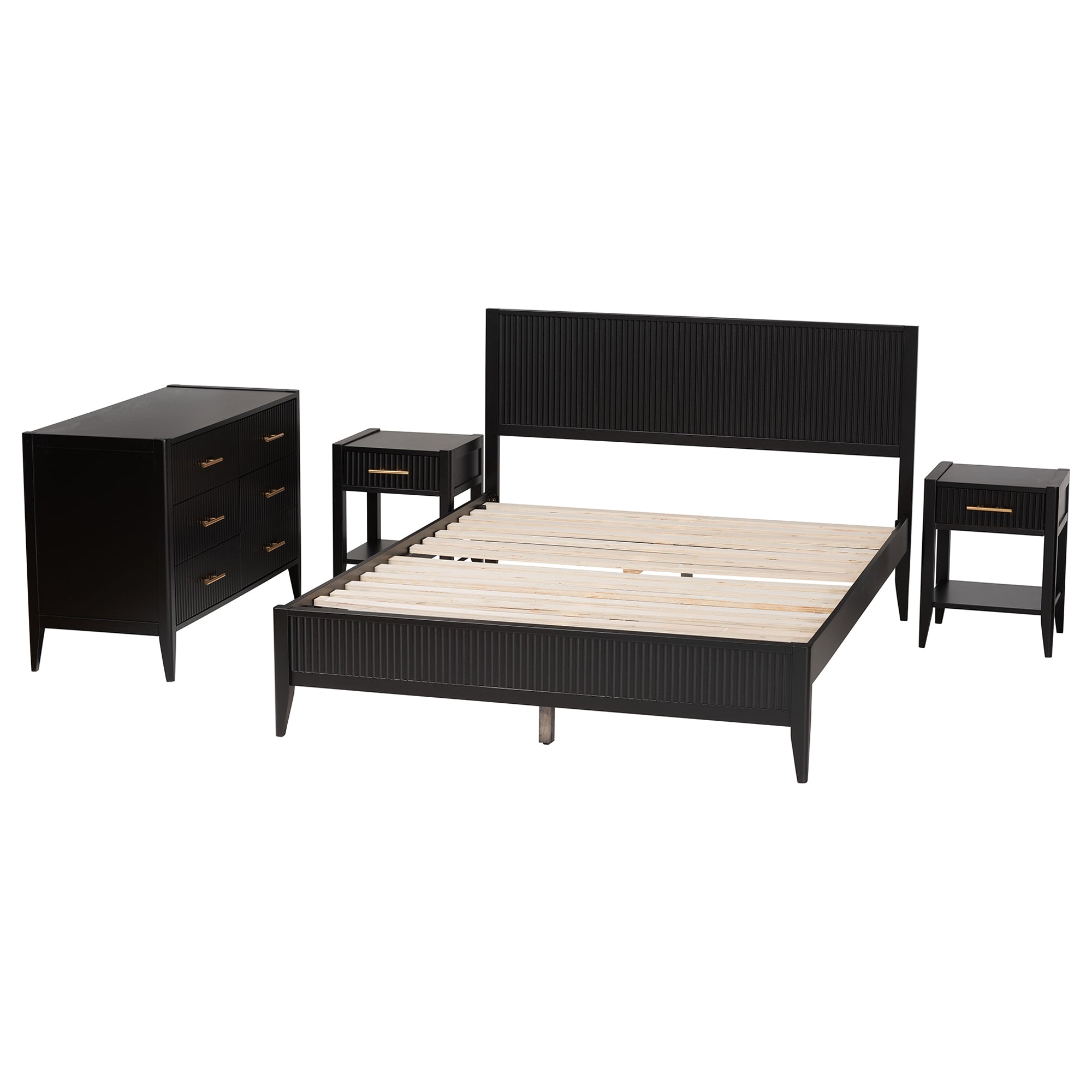 Baxton Studio Primrose Mid-Century Black Fluted Wood Queen Size 4-Piece Bedroom Set