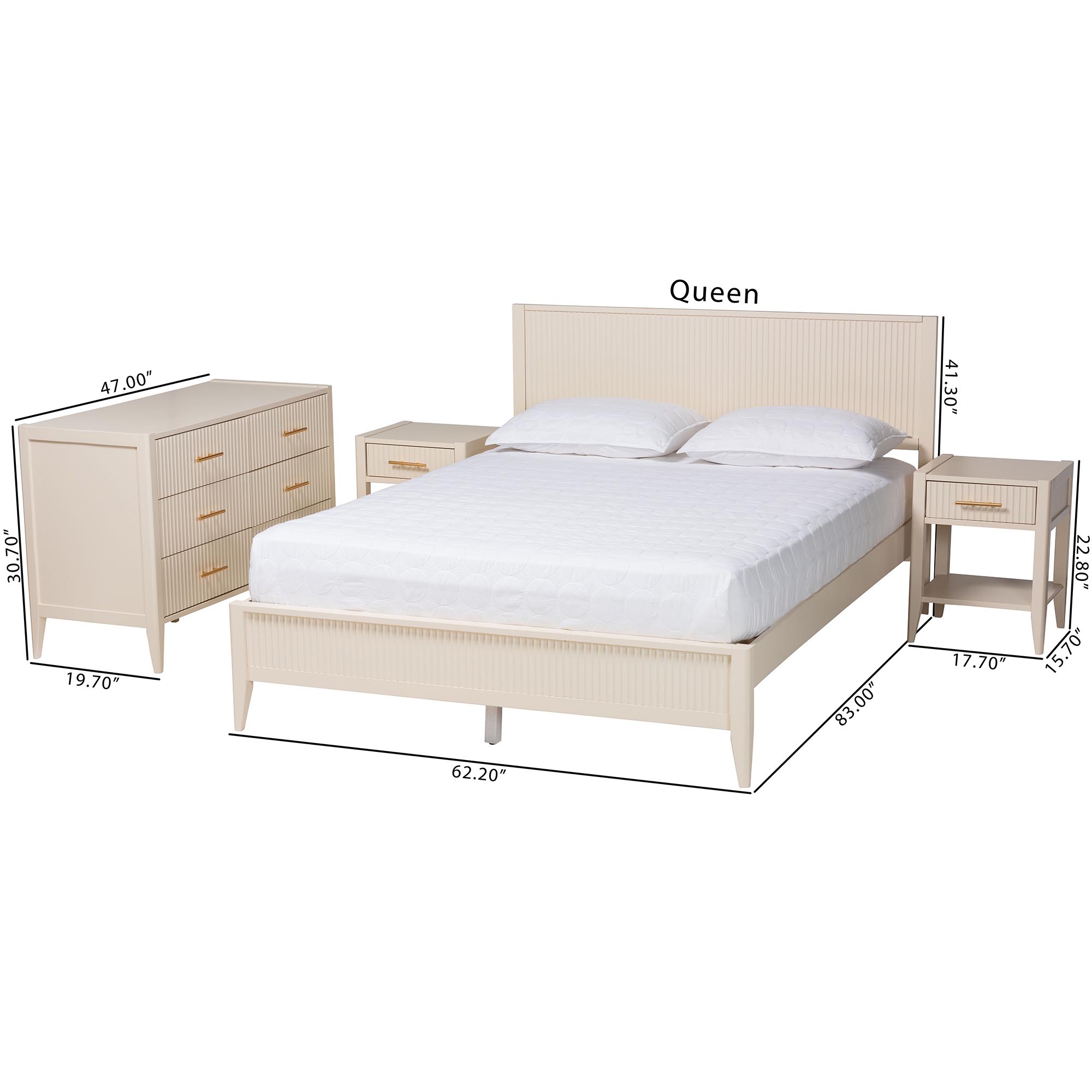 Baxton Studio Primrose Mid-Century Ivory Fluted Wood King Size 4-Piece Bedroom Set