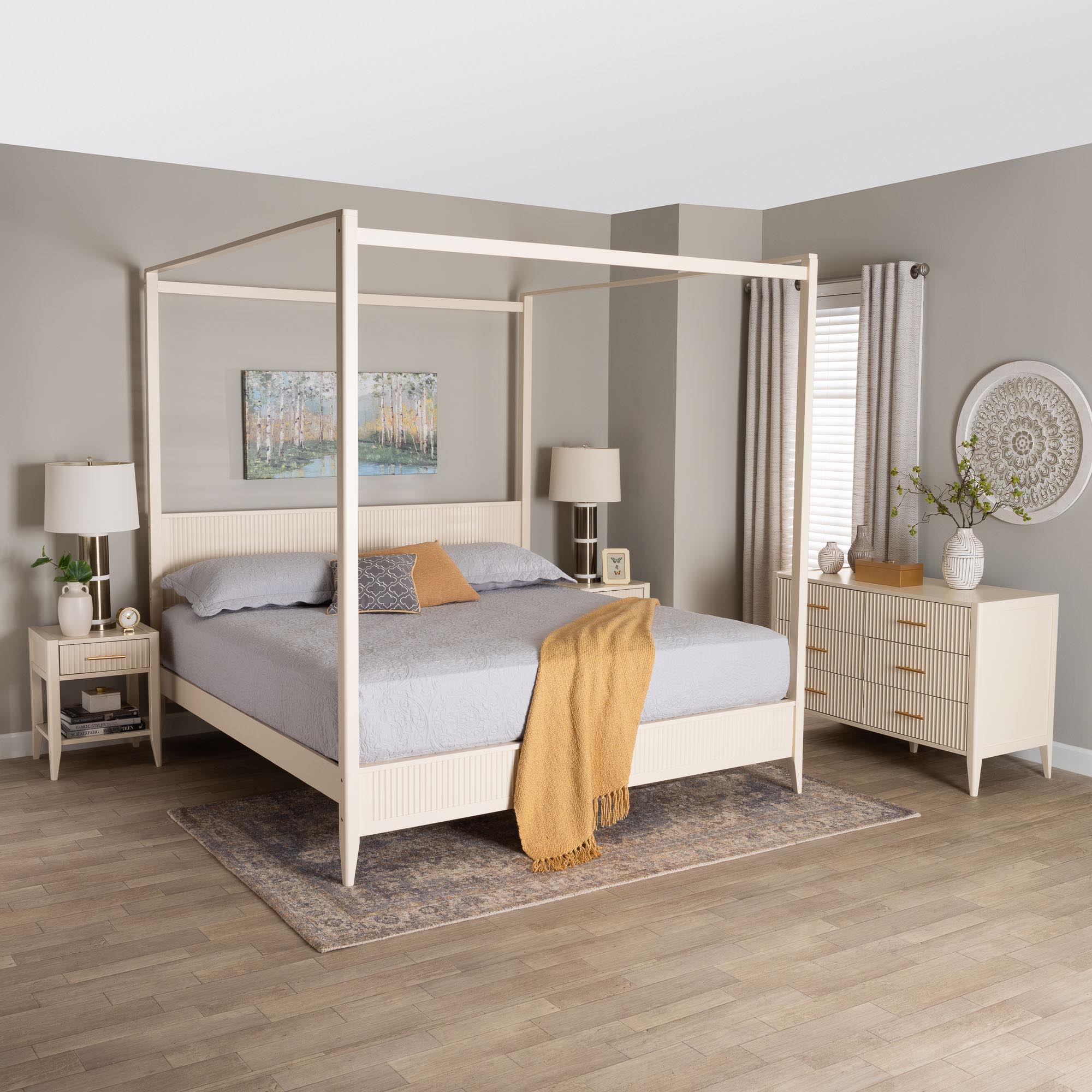Baxton Studio Primrose Mid-Century Ivory Fluted Wood King Size 4-Piece Canopy Bedroom Set