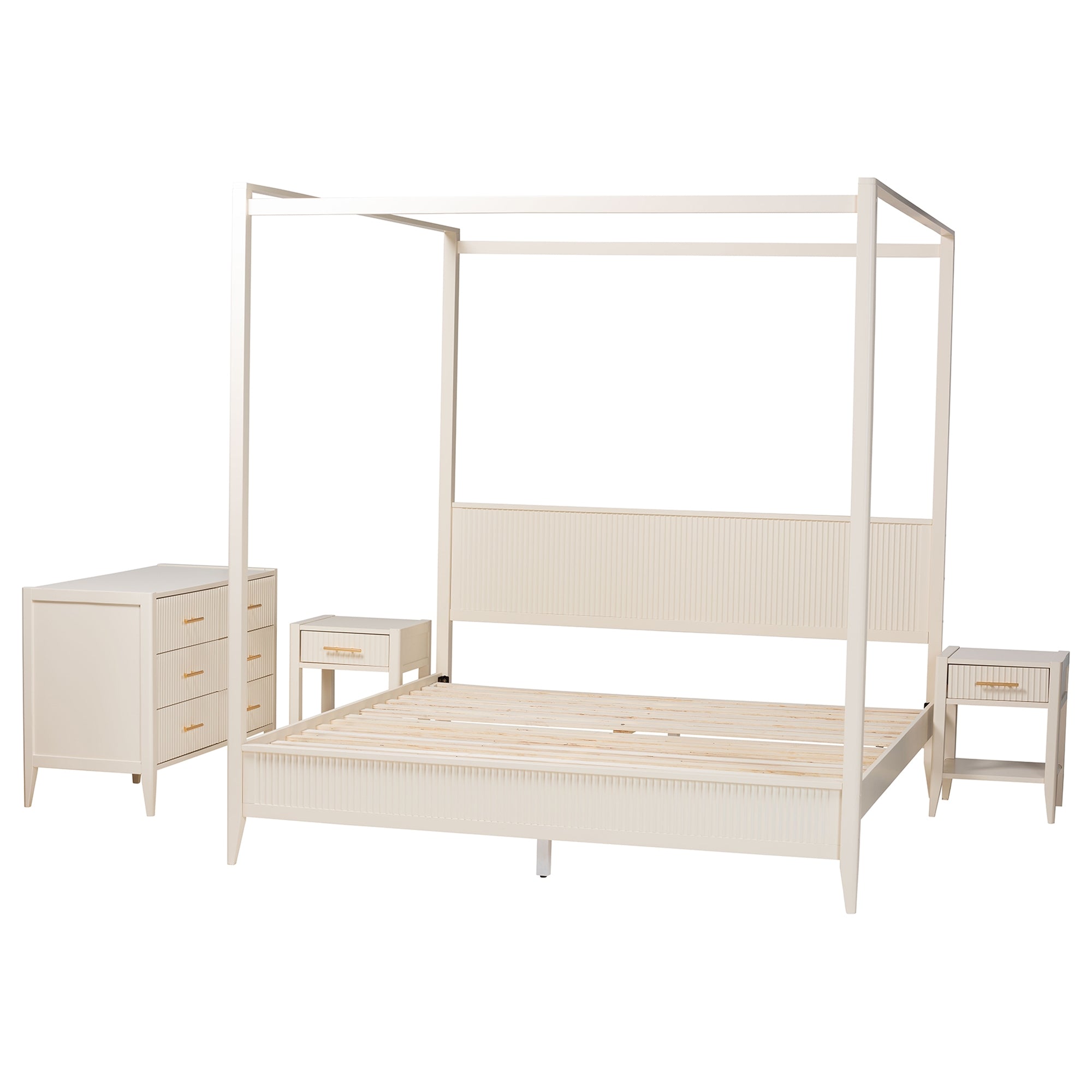 Baxton Studio Primrose Mid-Century Ivory Fluted Wood King Size 4-Piece Canopy Bedroom Set