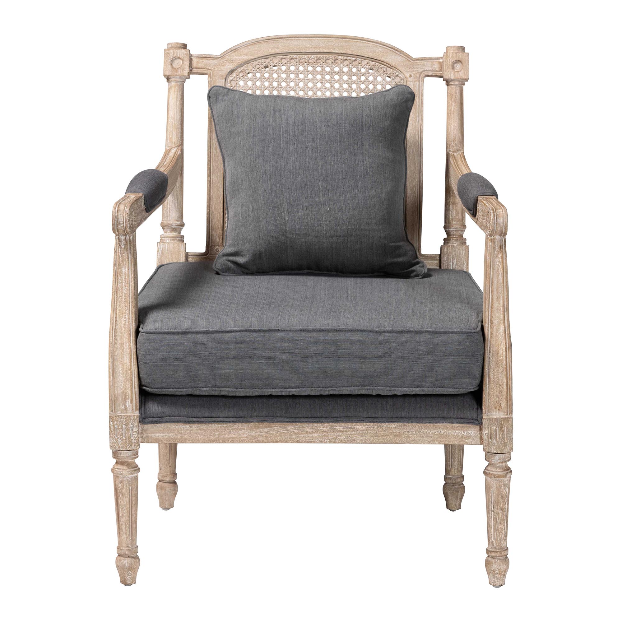 Baxton Studio Clemence French Provincial Grey Fabric Whitewashed Mahogany Wood Armchair