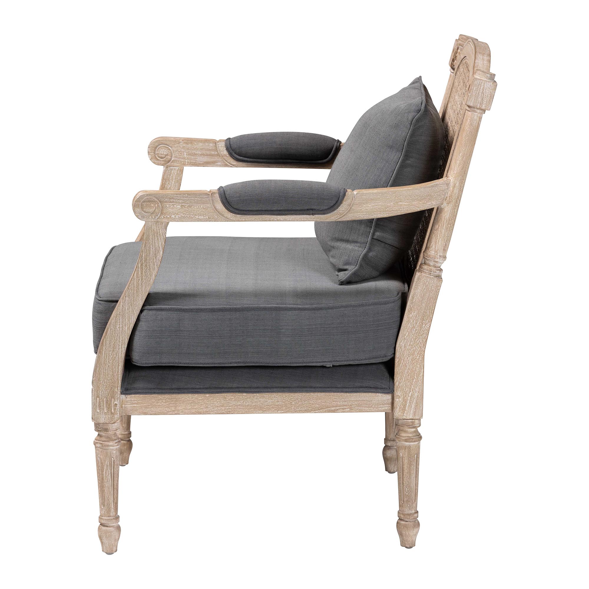 Baxton Studio Clemence French Provincial Grey Fabric Whitewashed Mahogany Wood Armchair
