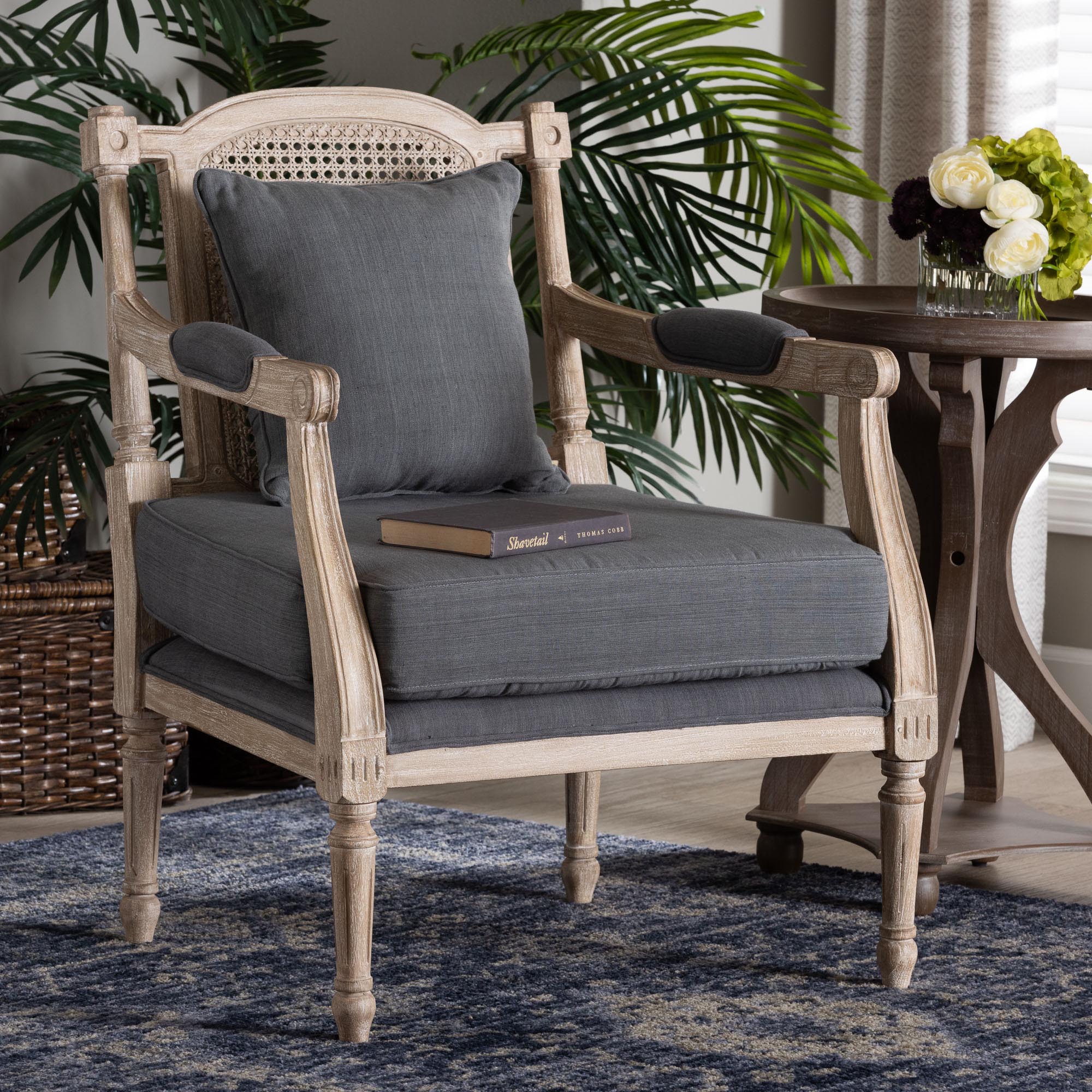 Baxton Studio Clemence French Provincial Grey Fabric Whitewashed Mahogany Wood Armchair