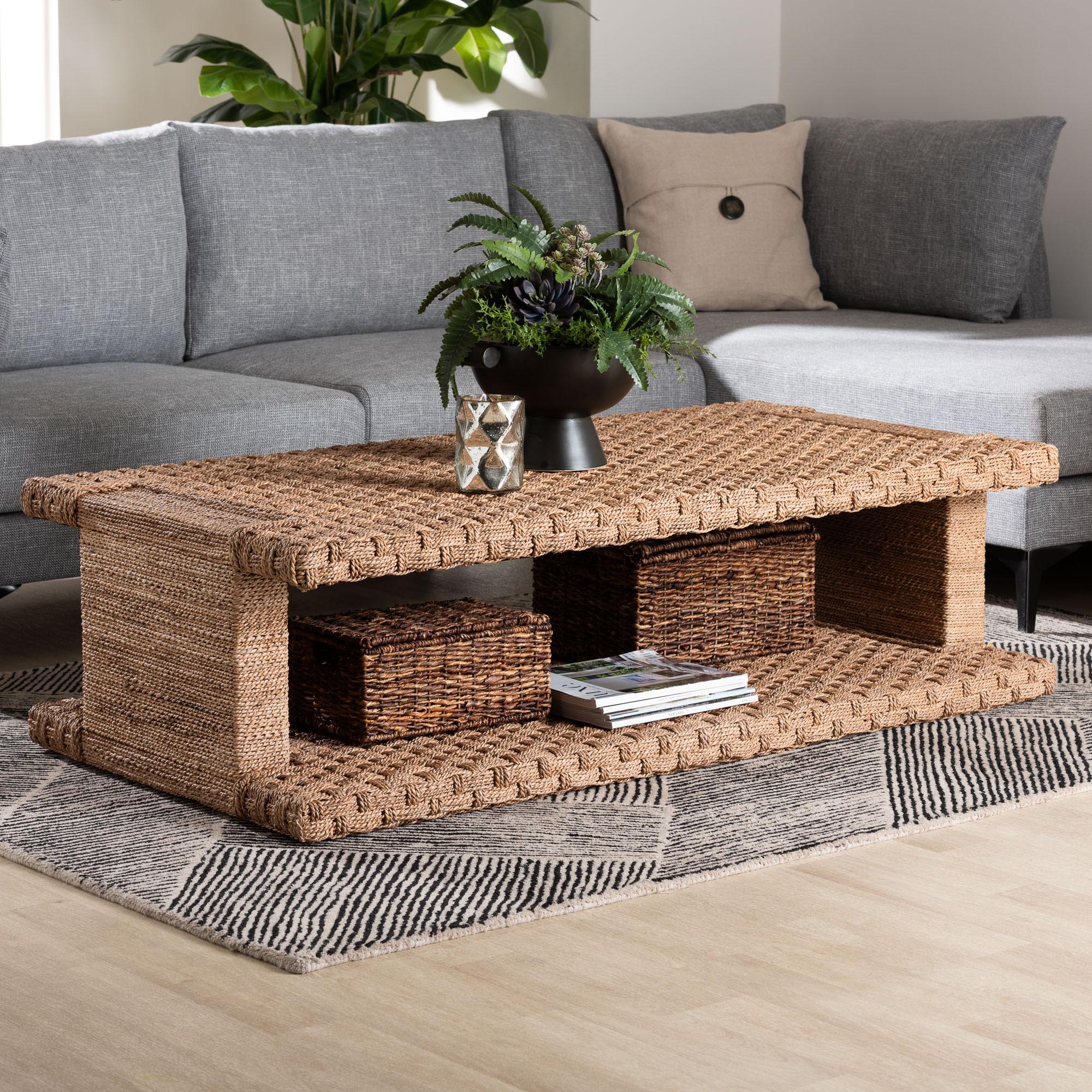 bali & pari Rhinos Handwoven Seagrass Coffee Table with Open Shelf - Rectangular Wicker Center Table for Living Room, Coastal Boho Style