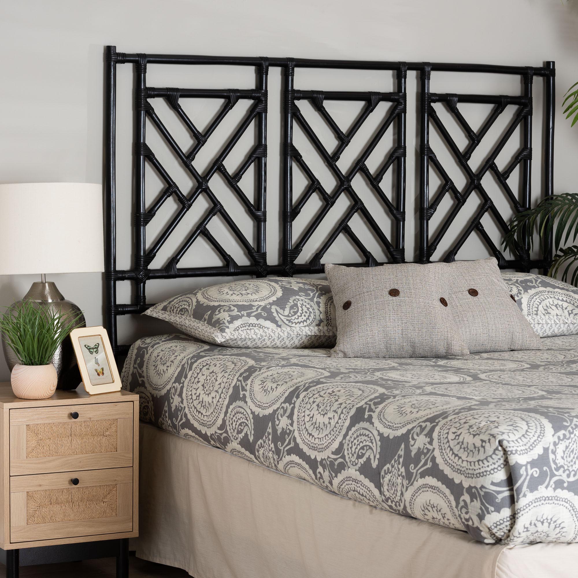bali & pari Karavo Bohemian Black Natural Rattan Queen Size Standalone Headboard
