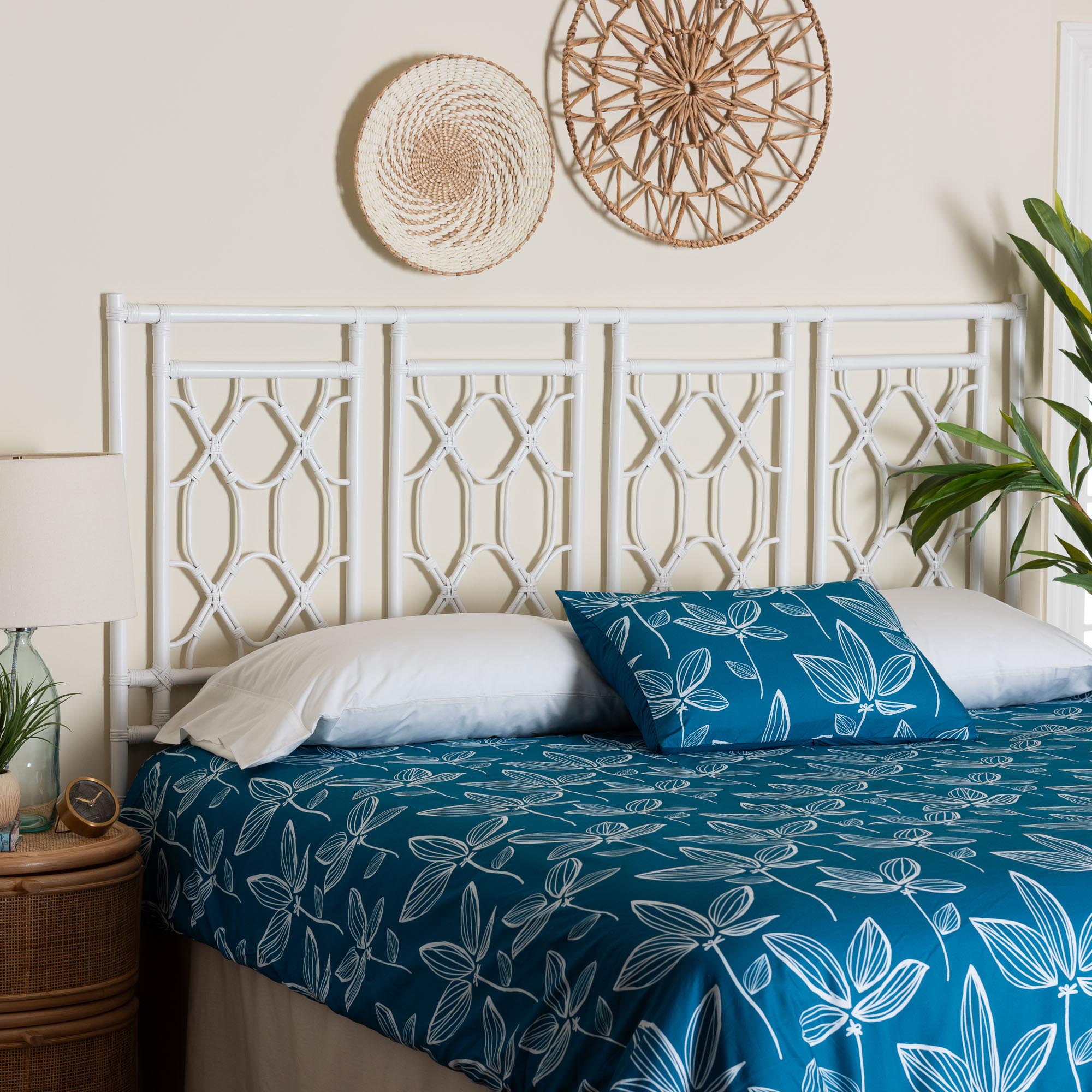 bali & pari Sampson Bohemian White Rattan King Size Standalone Headboard