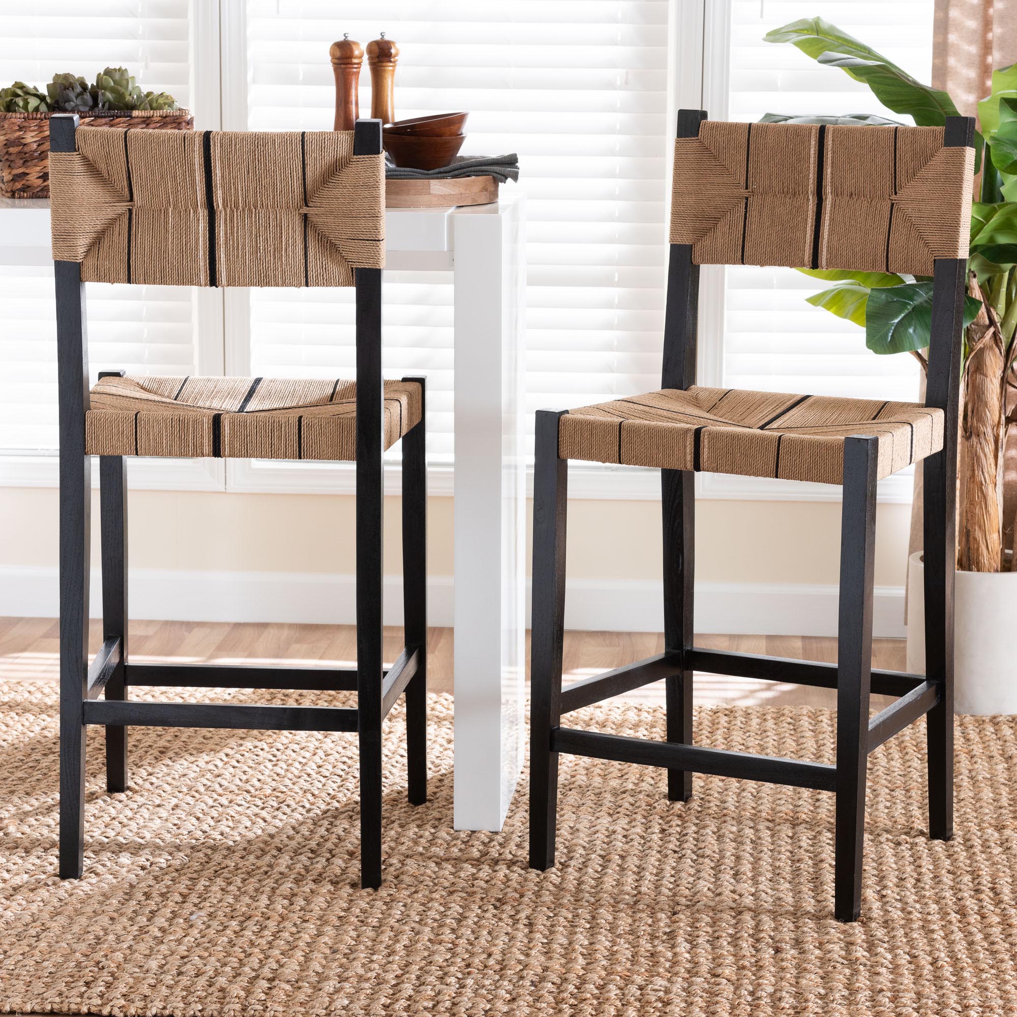 bali & pari Prita Bohemian Paper Loom and Black Mahogany Wood 2-Piece Bar Stool Set