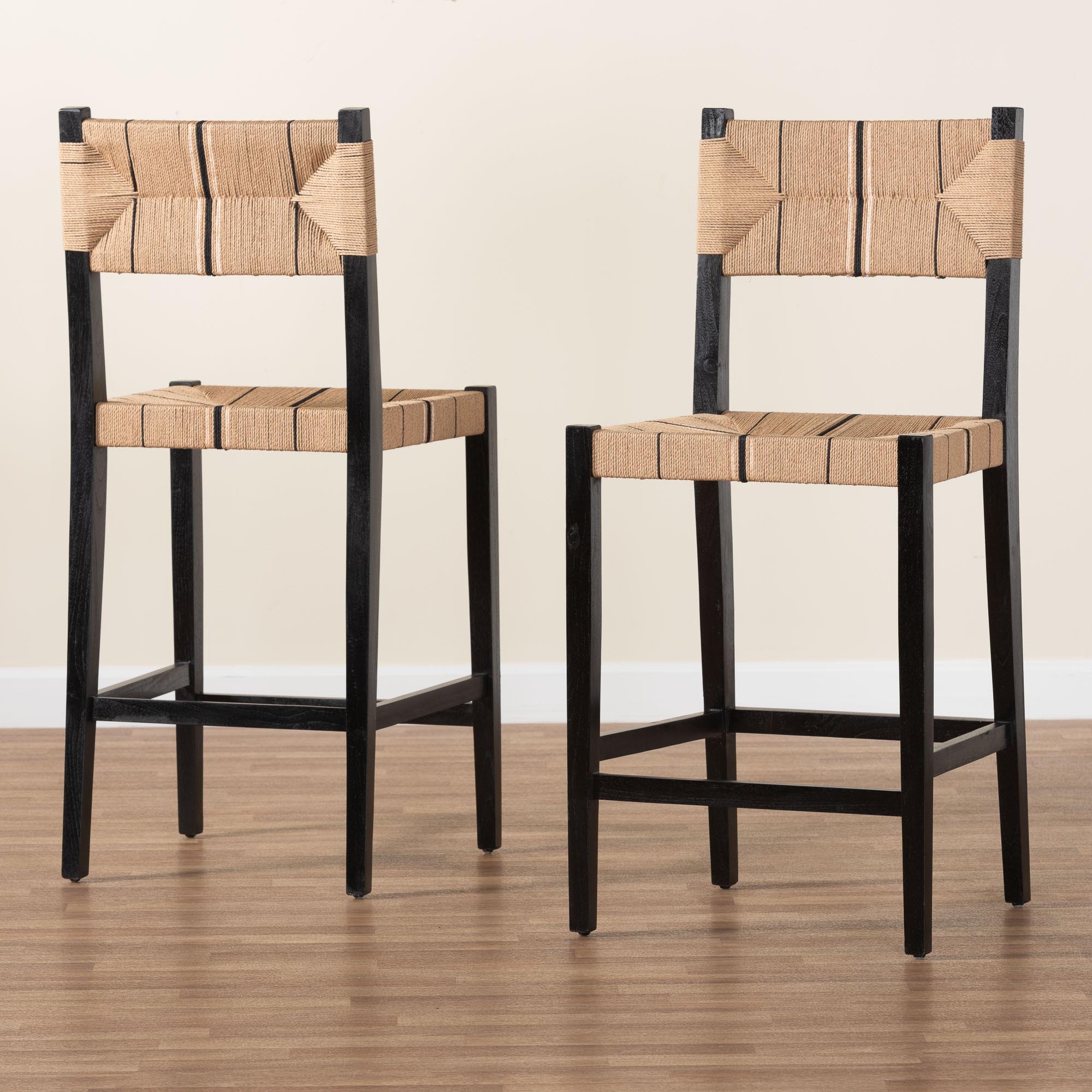 bali & pari Prita Bohemian Paper Loom and Black Mahogany Wood 2-Piece Bar Stool Set