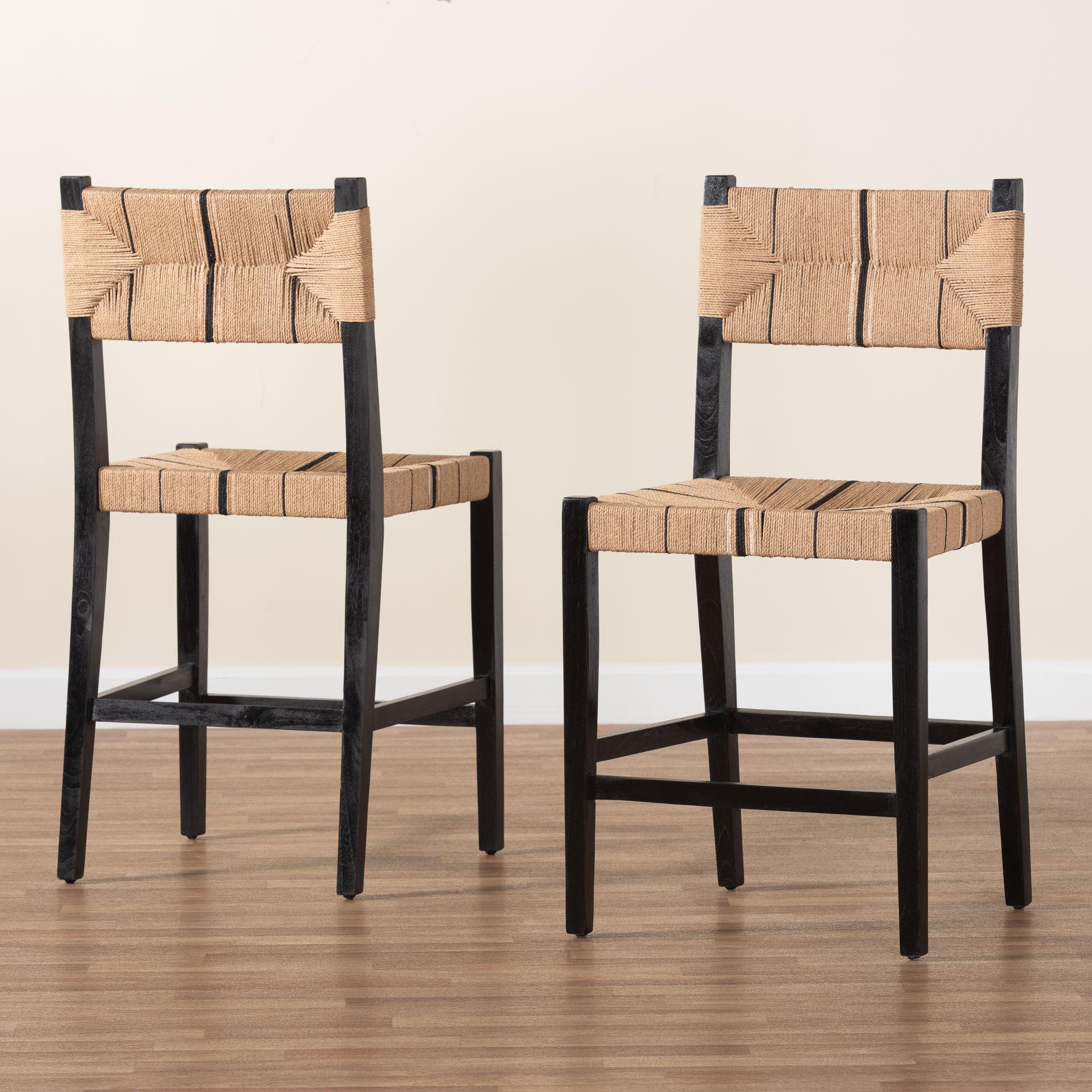 bali & pari Prita Bohemian Paper Loom and Black Mahogany Wood 2-Piece Counter Stool Set