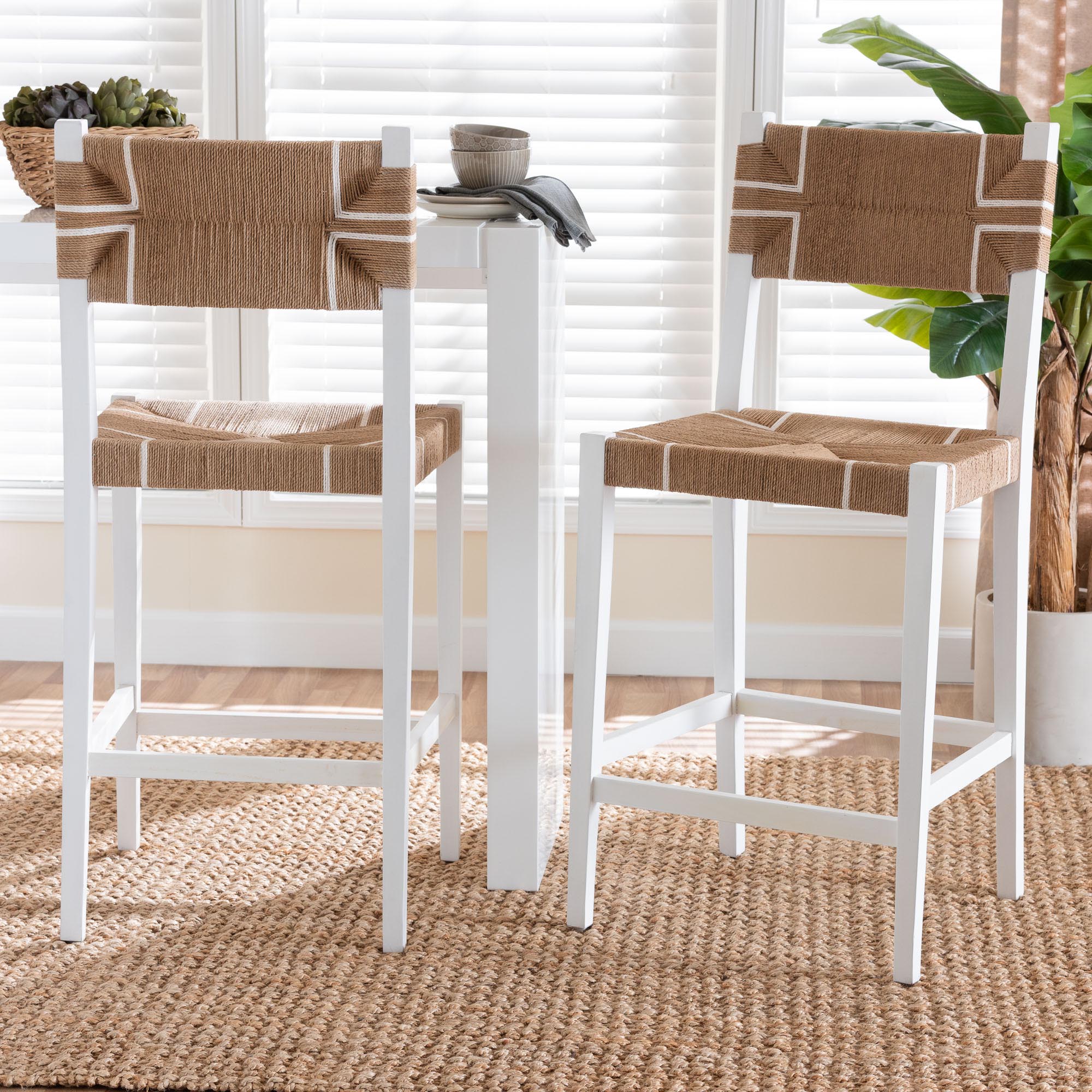 bali & pari Talli Bohemian Paper Loom and White Mahogany Wood 2-Piece Bar Stool Set