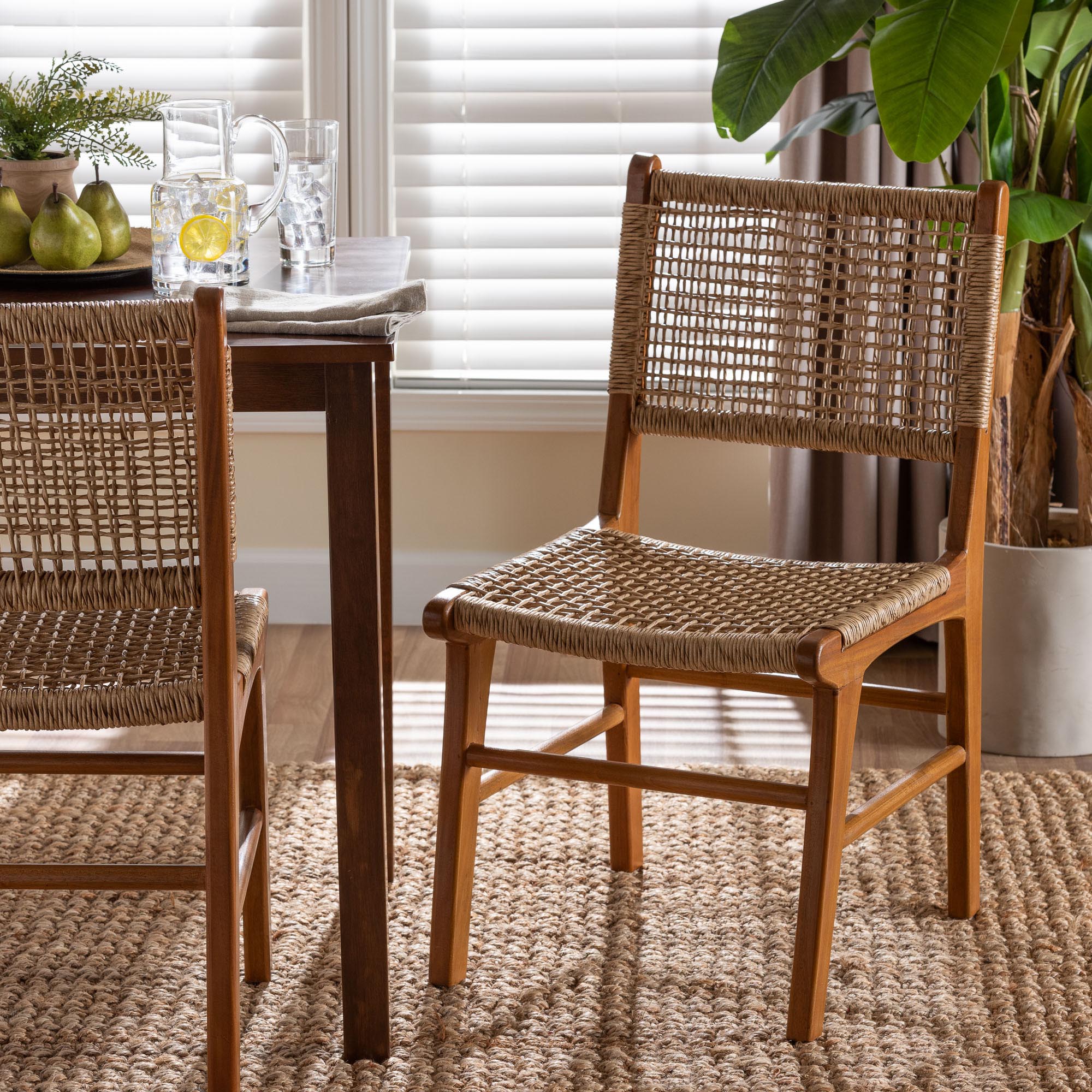 bali & pari Ariba Dining Chair with Mahogany Wood Frame and Viro Fiber Weaving, Rustic Boho Accent Chair for Dining Room or Kitchen