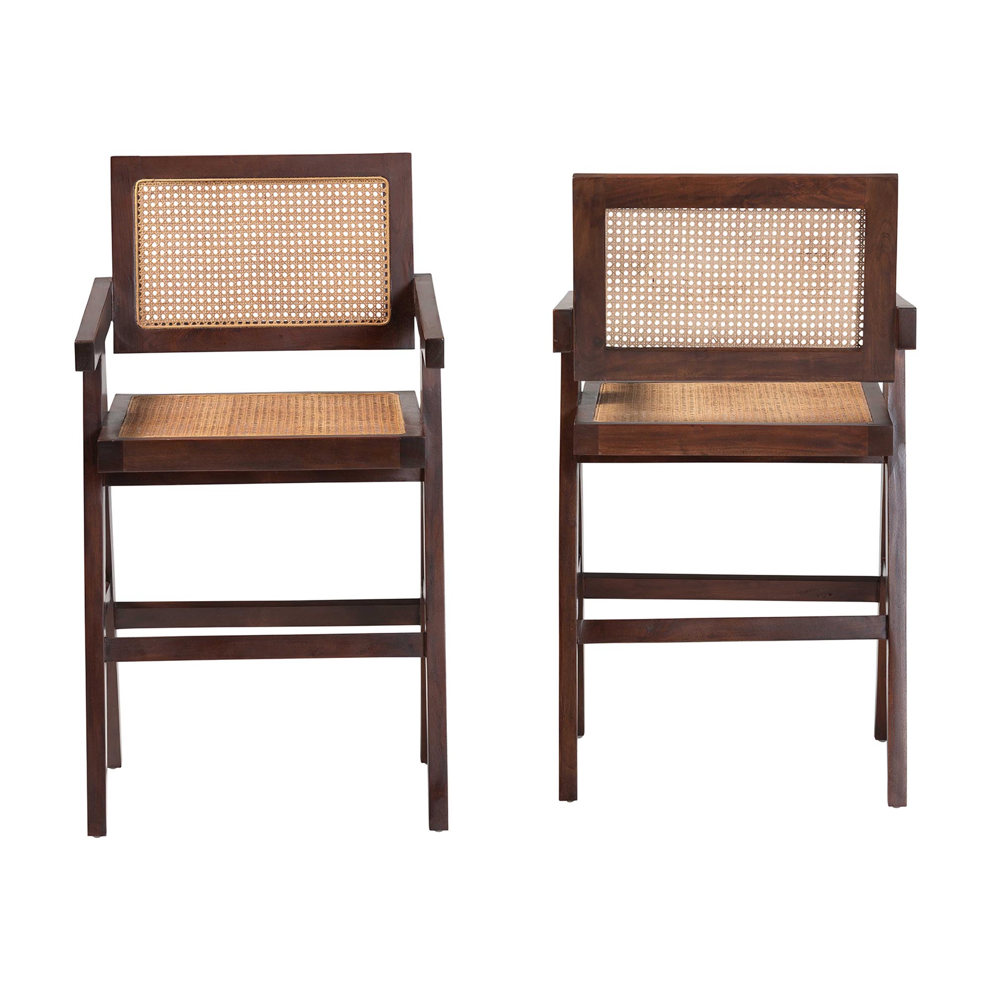 bali & pari Kresna Rattan Counter Stool with Mahogany Wood Frame and Armrest, Set of 2 - Handwoven Counter Height Chair with Cane Back and Seat, Stylish Seating for Kitchen Island or Dining Area