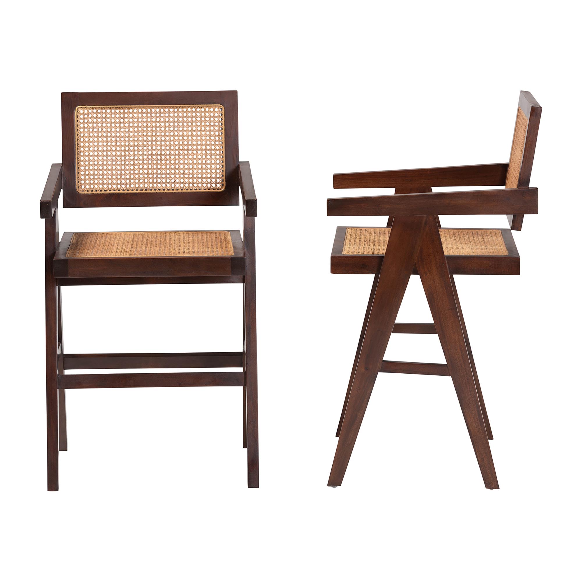 bali & pari Kresna Rattan Counter Stool with Mahogany Wood Frame and Armrest, Set of 2 - Handwoven Counter Height Chair with Cane Back and Seat, Stylish Seating for Kitchen Island or Dining Area