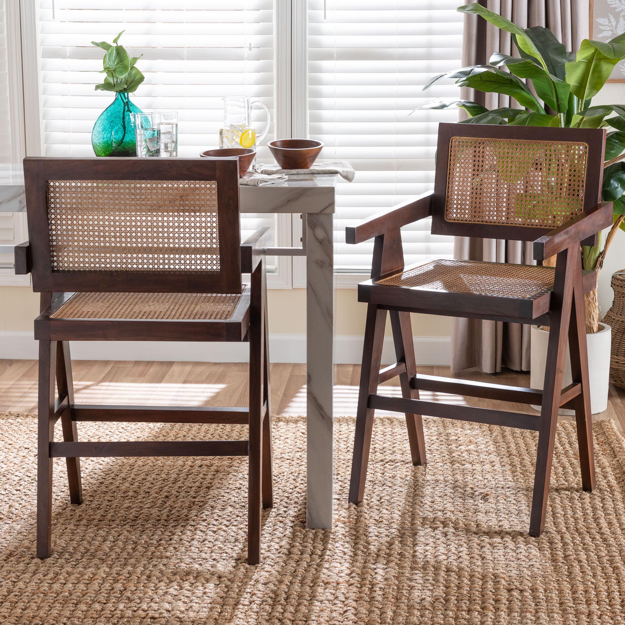bali & pari Kresna Rattan Counter Stool with Mahogany Wood Frame and Armrest, Set of 2 - Handwoven Counter Height Chair with Cane Back and Seat, Stylish Seating for Kitchen Island or Dining Area