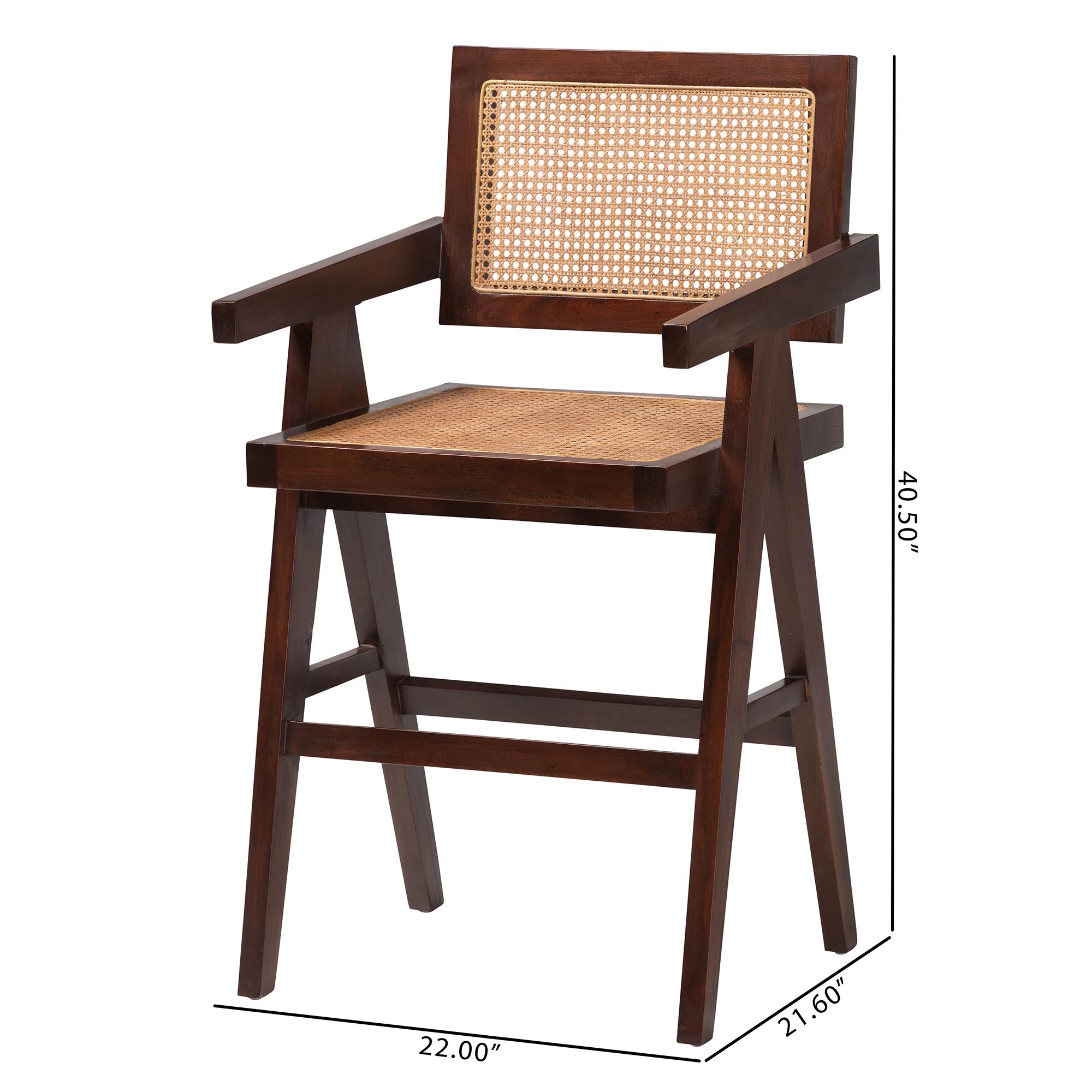 bali & pari Kresna Rattan Counter Stool with Mahogany Wood Frame and Armrest, Set of 2 - Handwoven Counter Height Chair with Cane Back and Seat, Stylish Seating for Kitchen Island or Dining Area