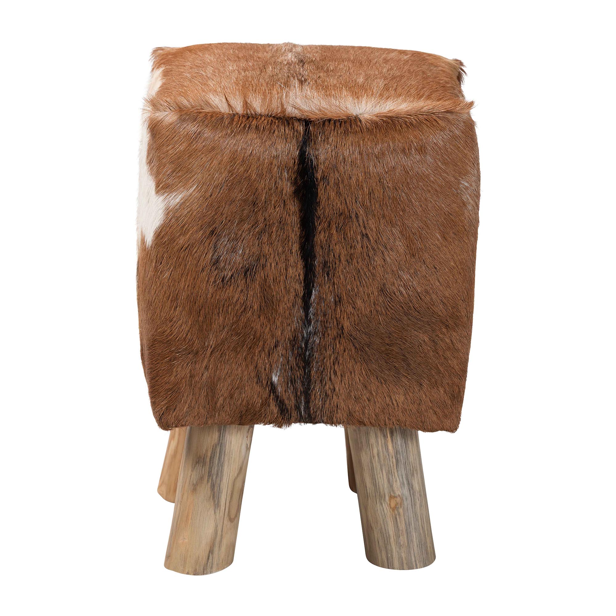 bali & pari Scotlyn Genuine Goat Leather Footstool with Teak Wood Legs - Rustic Boho Accent Seat with Natural Hide Upholstery, Handmade Decorative Footrest for Living Room or Bedroom