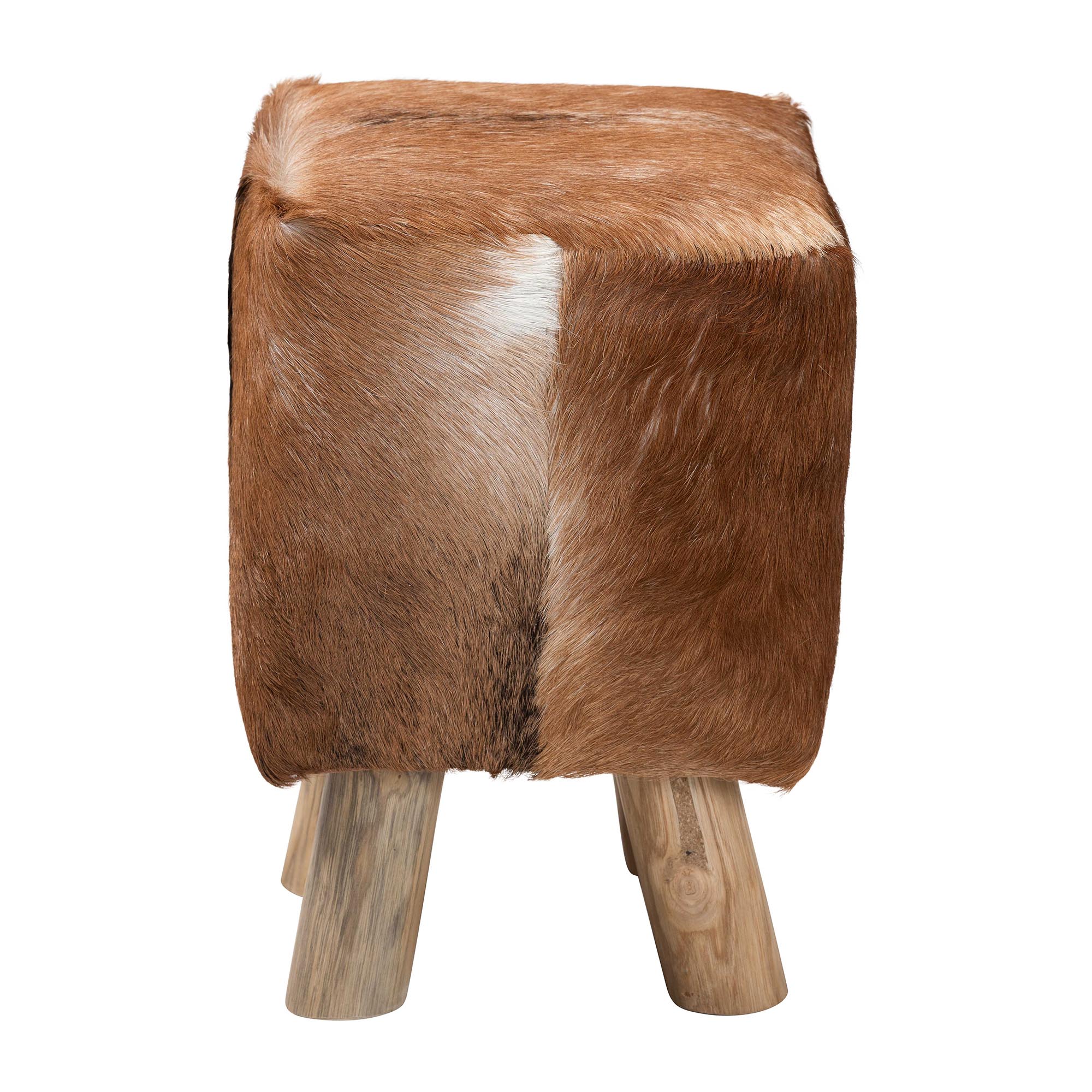 bali & pari Scotlyn Genuine Goat Leather Footstool with Teak Wood Legs - Rustic Boho Accent Seat with Natural Hide Upholstery, Handmade Decorative Footrest for Living Room or Bedroom