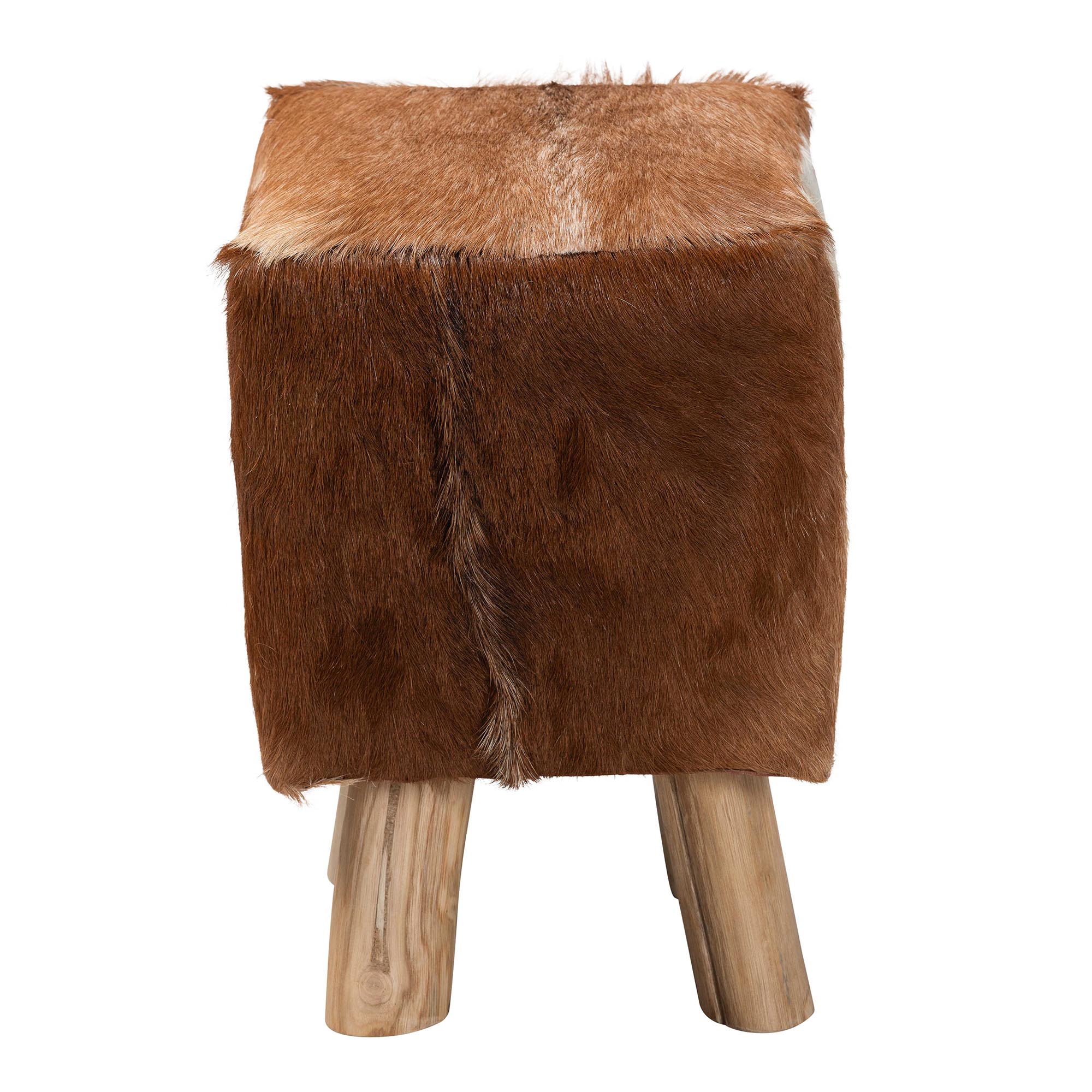 bali & pari Scotlyn Genuine Goat Leather Footstool with Teak Wood Legs - Rustic Boho Accent Seat with Natural Hide Upholstery, Handmade Decorative Footrest for Living Room or Bedroom