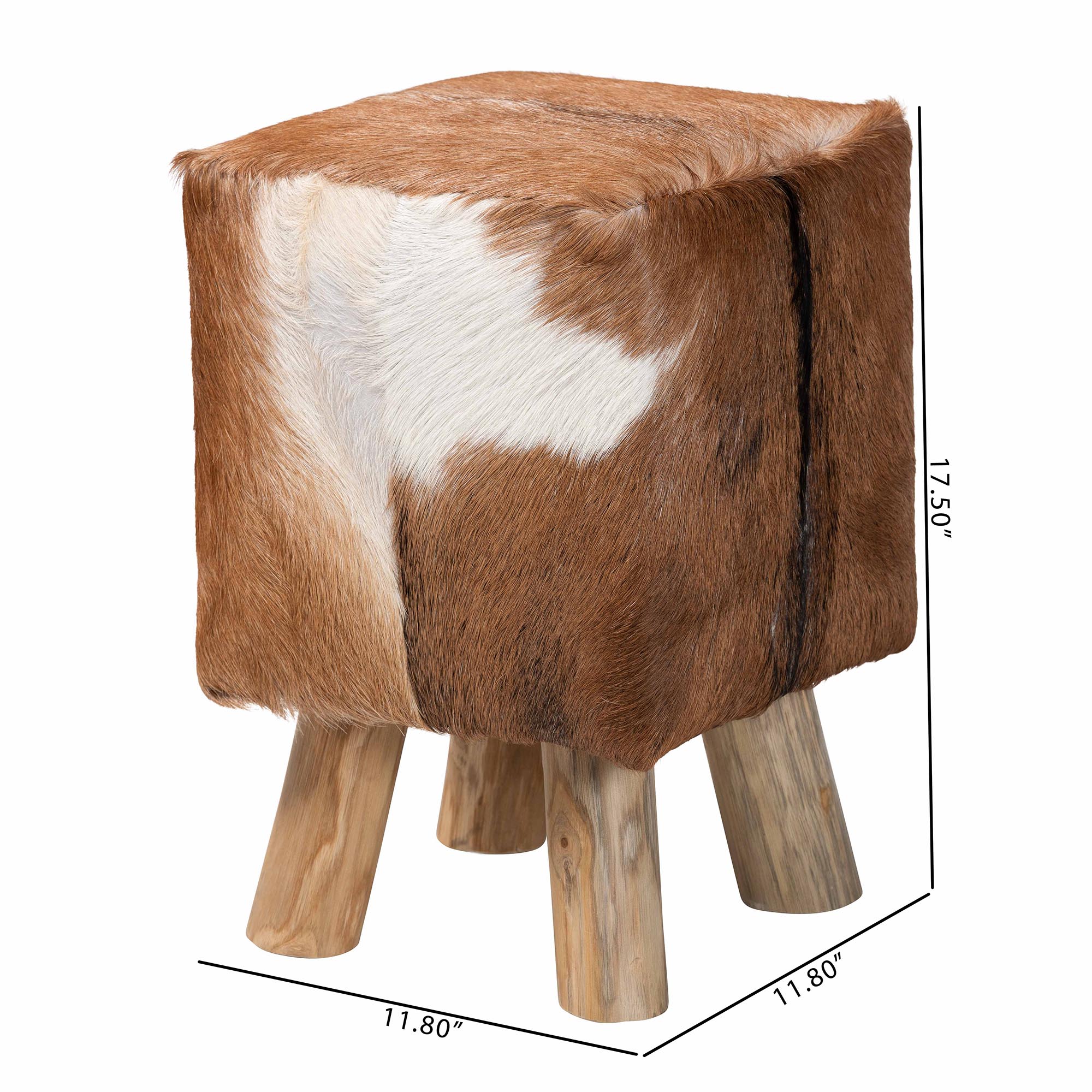 bali & pari Scotlyn Genuine Goat Leather Footstool with Teak Wood Legs - Rustic Boho Accent Seat with Natural Hide Upholstery, Handmade Decorative Footrest for Living Room or Bedroom