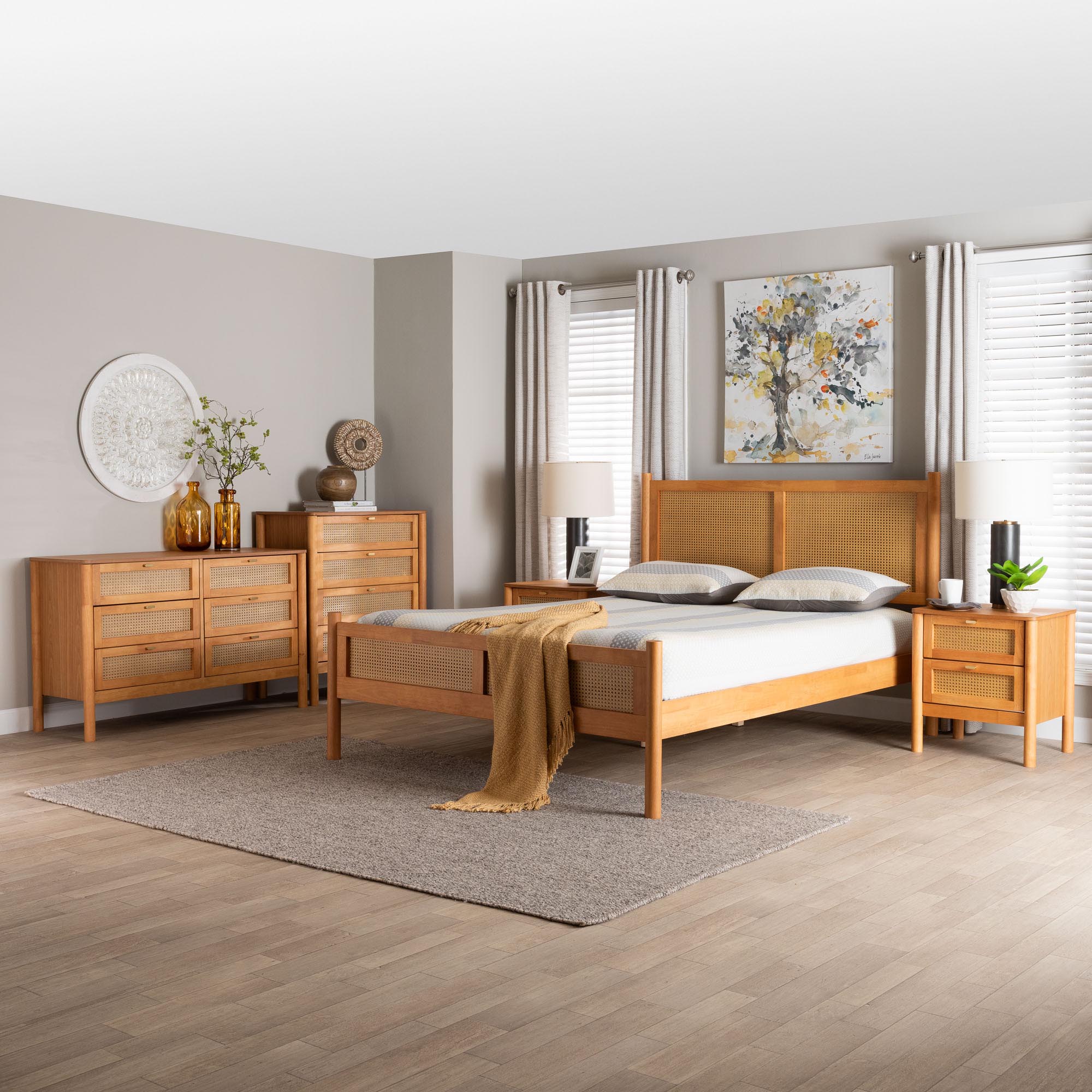 Baxton Studio Jenn Golden Brown Wood Japandi 5-Piece Queen Size Bedroom Set with Distressed-Finished Rattan