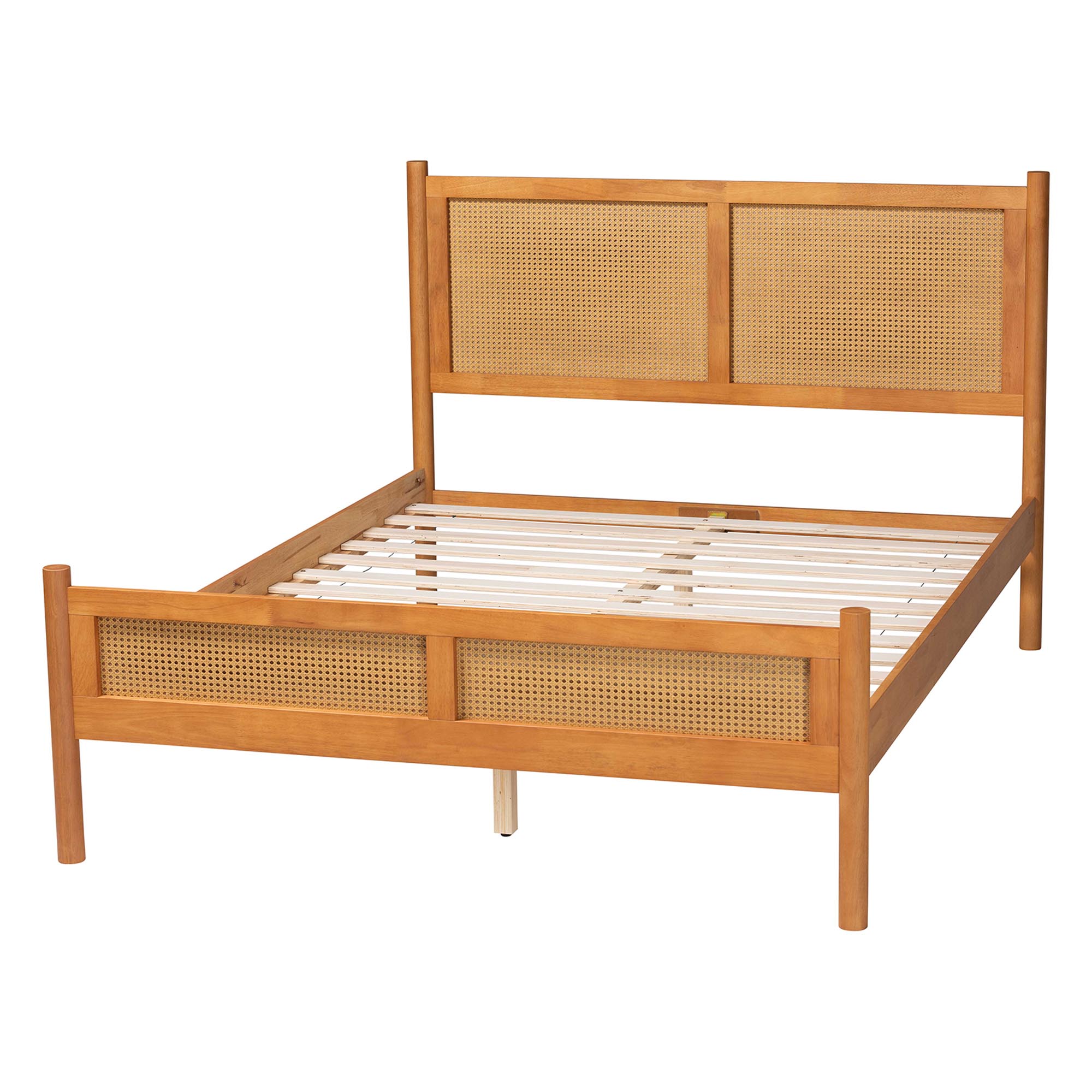 Baxton Studio Jenn Golden Brown Wood Japandi Queen Size Platform Bed with Distressed-Finished Rattan