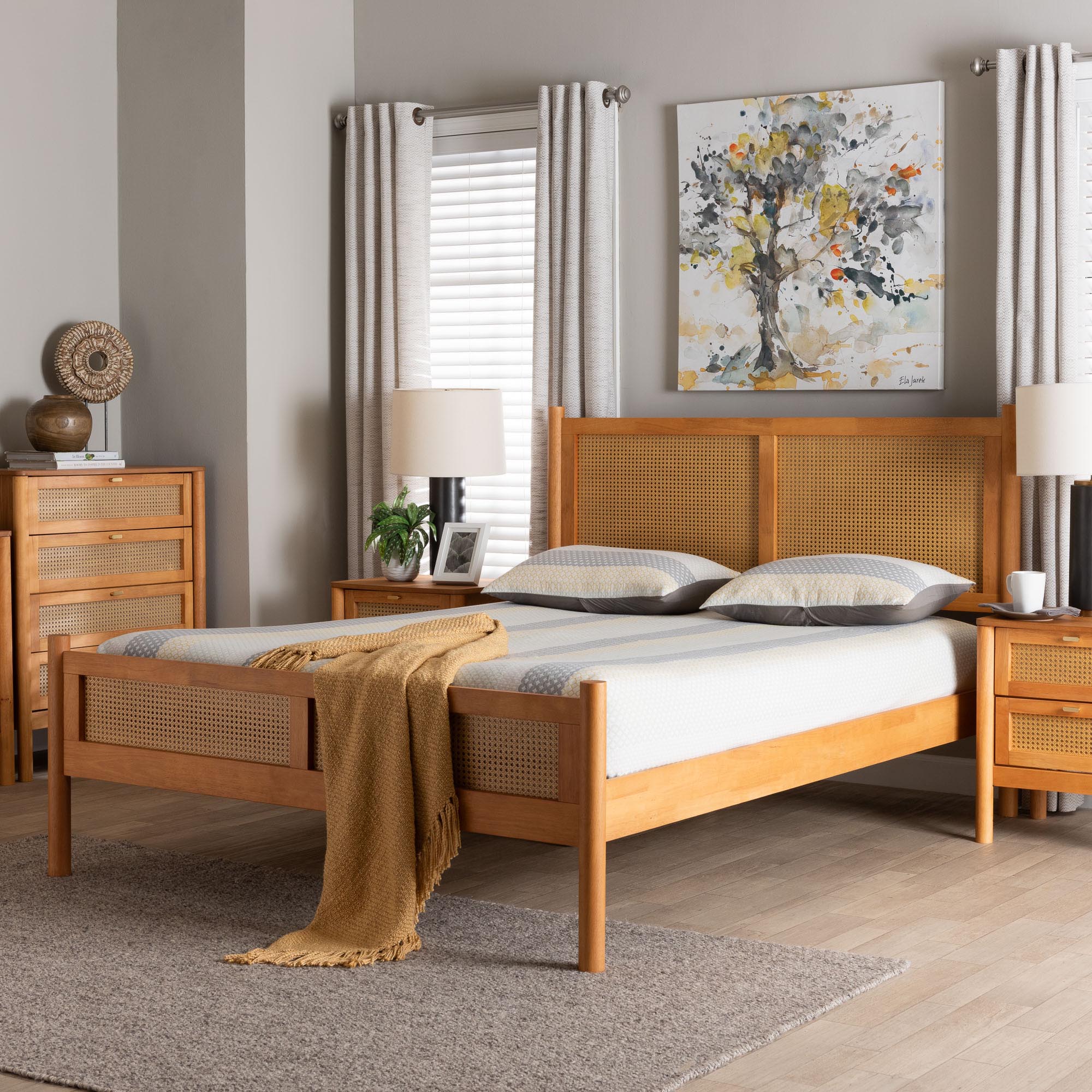 Baxton Studio Jenn Golden Brown Wood Japandi Queen Size Platform Bed with Distressed-Finished Rattan