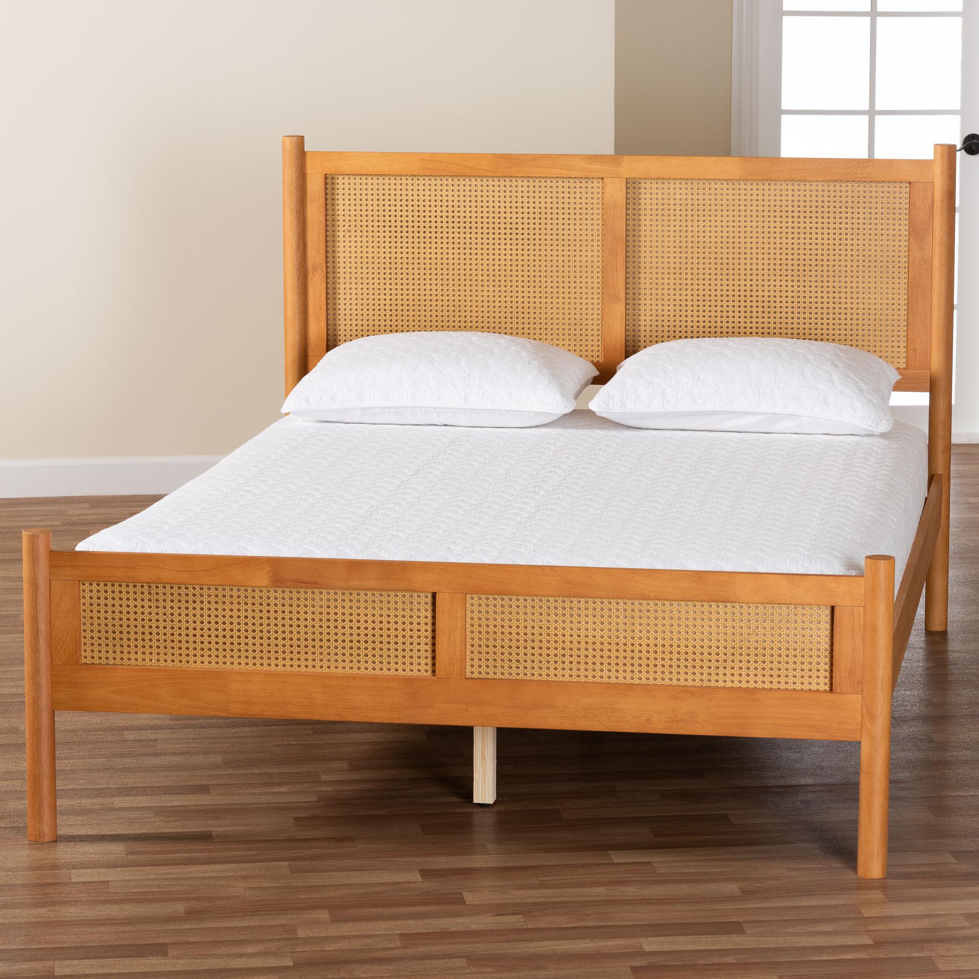 Baxton Studio Jenn Golden Brown Wood Japandi Queen Size Platform Bed with Distressed-Finished Rattan