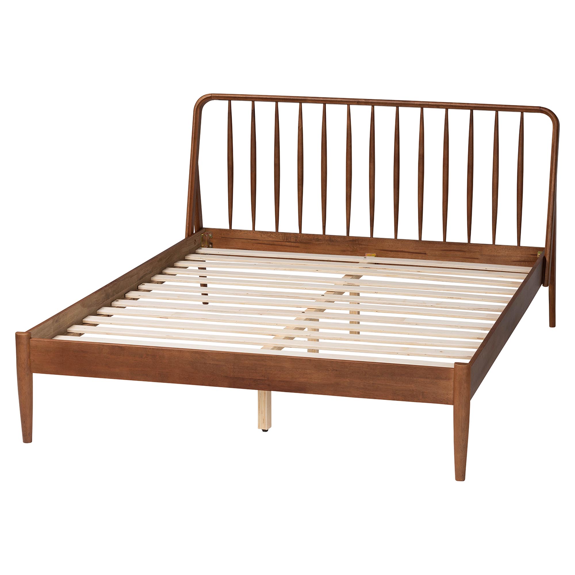 Baxton Studio Maeron Mid-Century Modern Walnut Brown Queen Platform Bed with Spindle Headboard