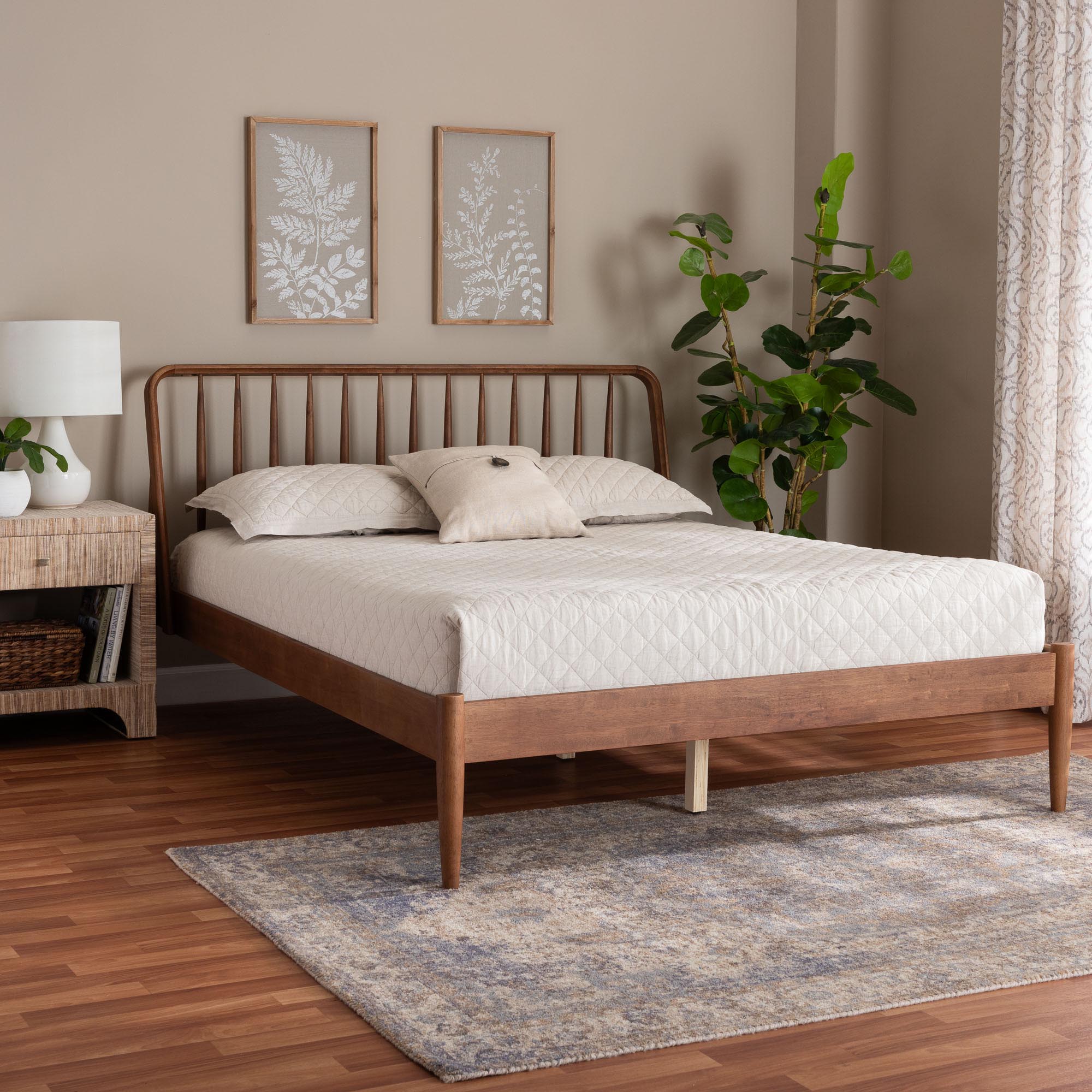 Baxton Studio Maeron Mid-Century Modern Walnut Brown Queen Platform Bed with Spindle Headboard
