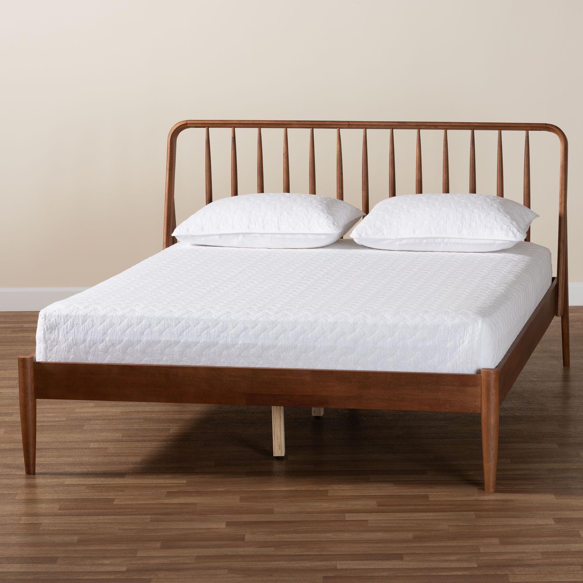 Baxton Studio Maeron Mid-Century Modern Walnut Brown Queen Platform Bed with Spindle Headboard