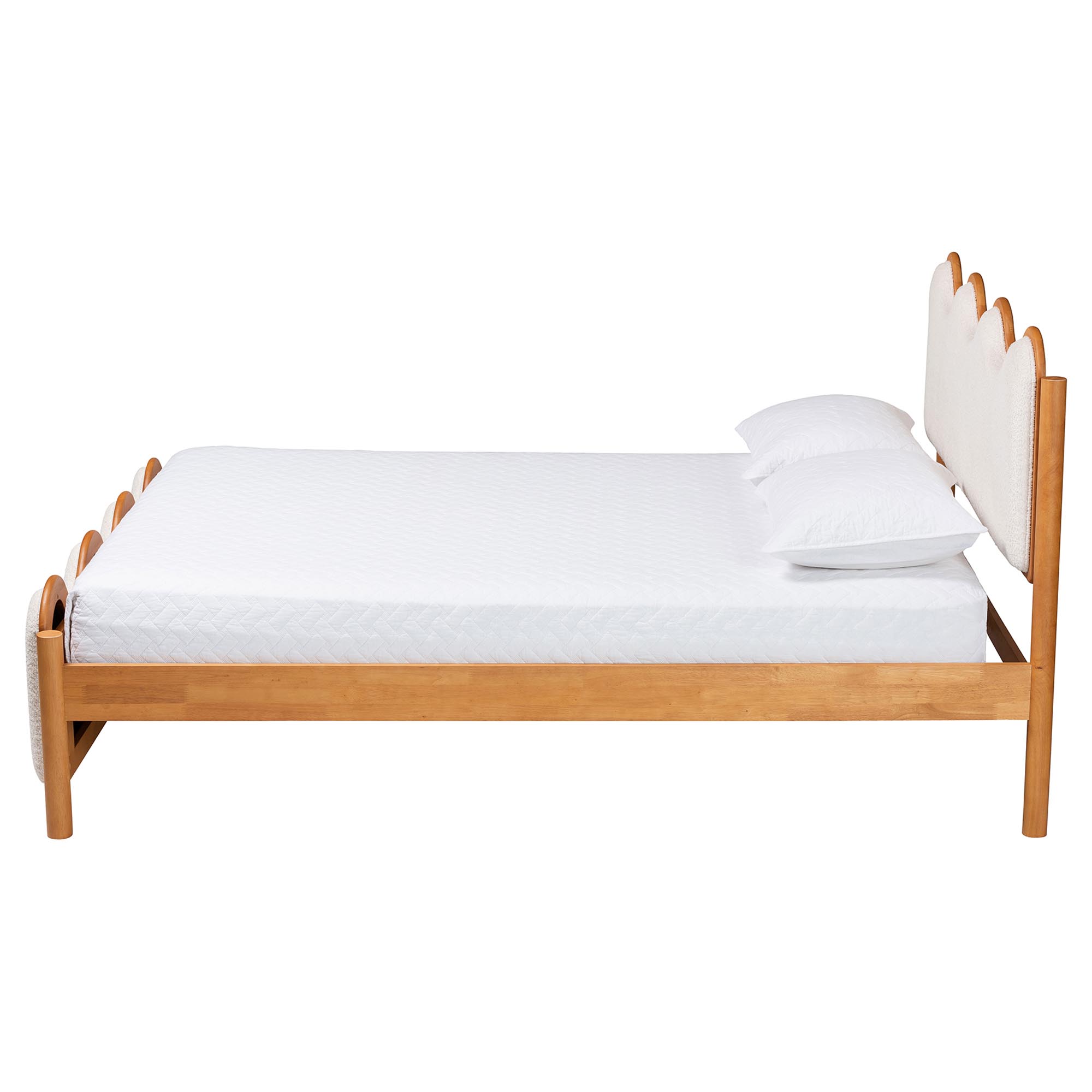 Baxton Studio Lilia Mid-Century Modern Scalloped Cream Boucle and Oak Brown Wood Queen Platform Bed