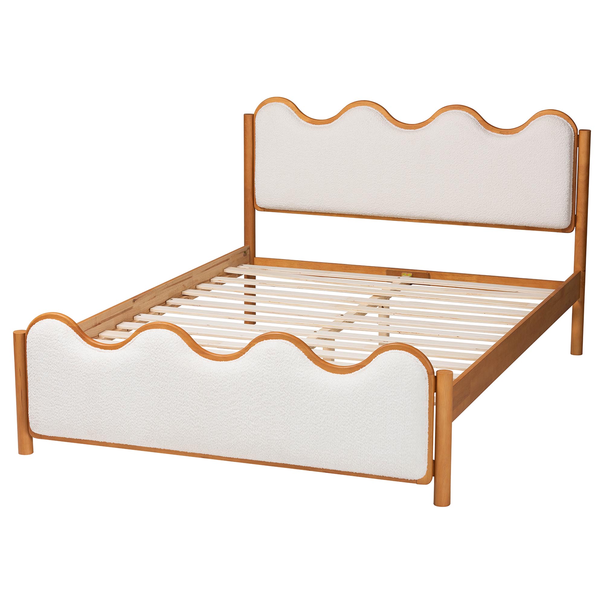 Baxton Studio Lilia Mid-Century Modern Scalloped Cream Boucle and Oak Brown Wood Queen Platform Bed