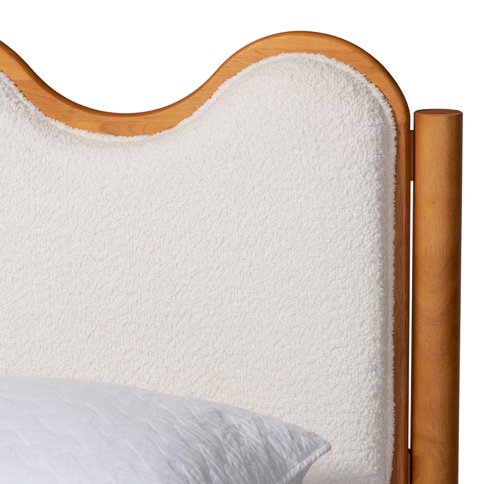 Baxton Studio Lilia Mid-Century Modern Scalloped Cream Boucle and Oak Brown Wood Queen Platform Bed