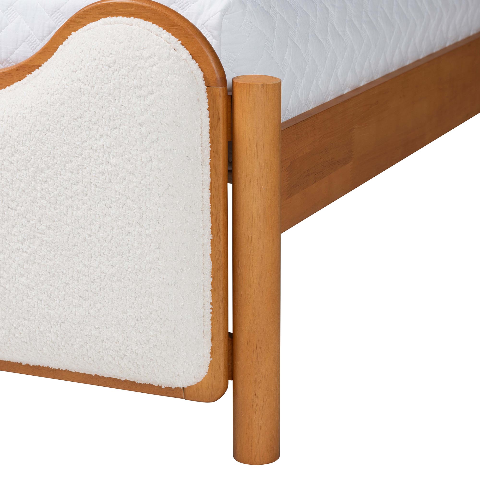 Baxton Studio Lilia Mid-Century Modern Scalloped Cream Boucle and Oak Brown Wood Queen Platform Bed