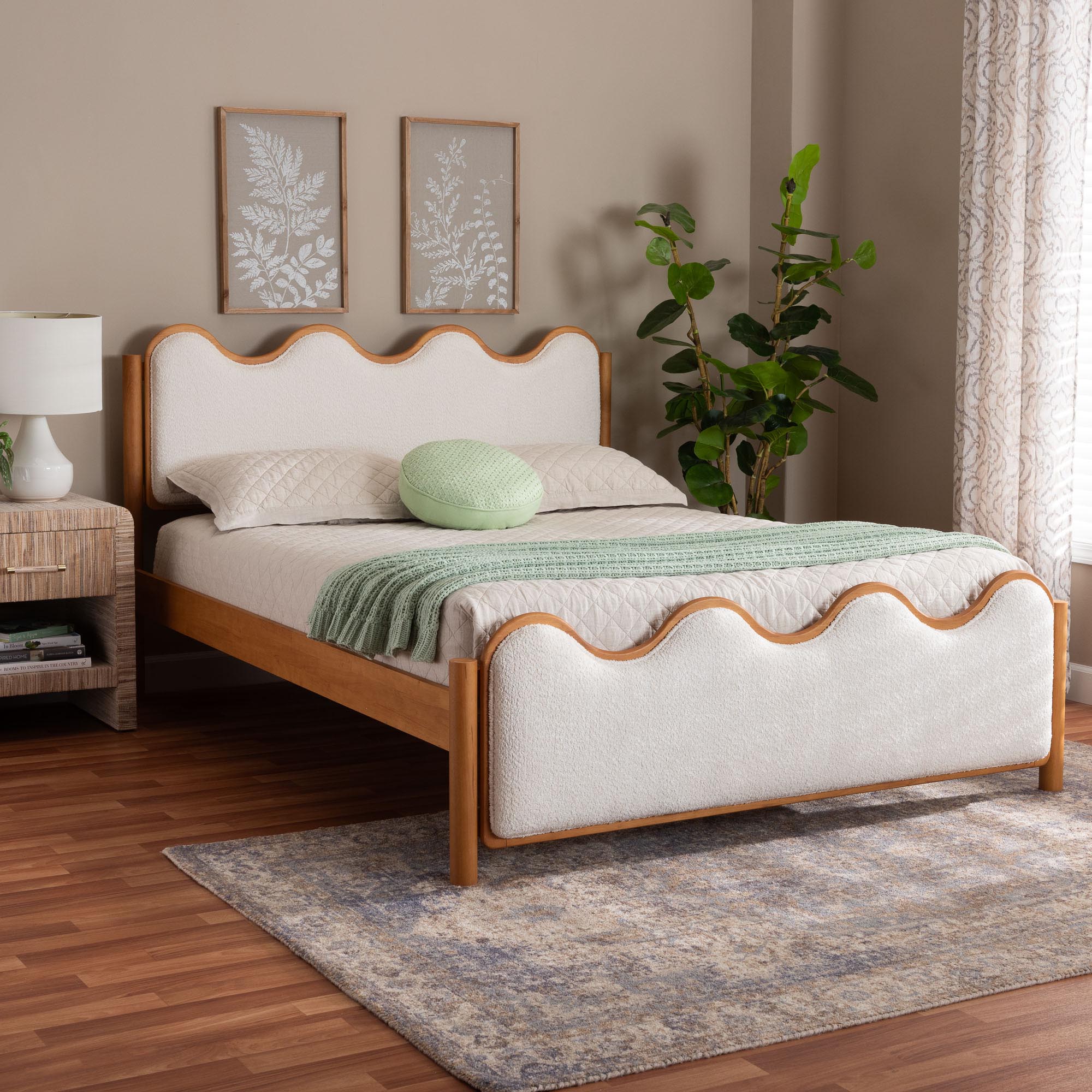 Baxton Studio Lilia Mid-Century Modern Scalloped Cream Boucle and Oak Brown Wood Queen Platform Bed