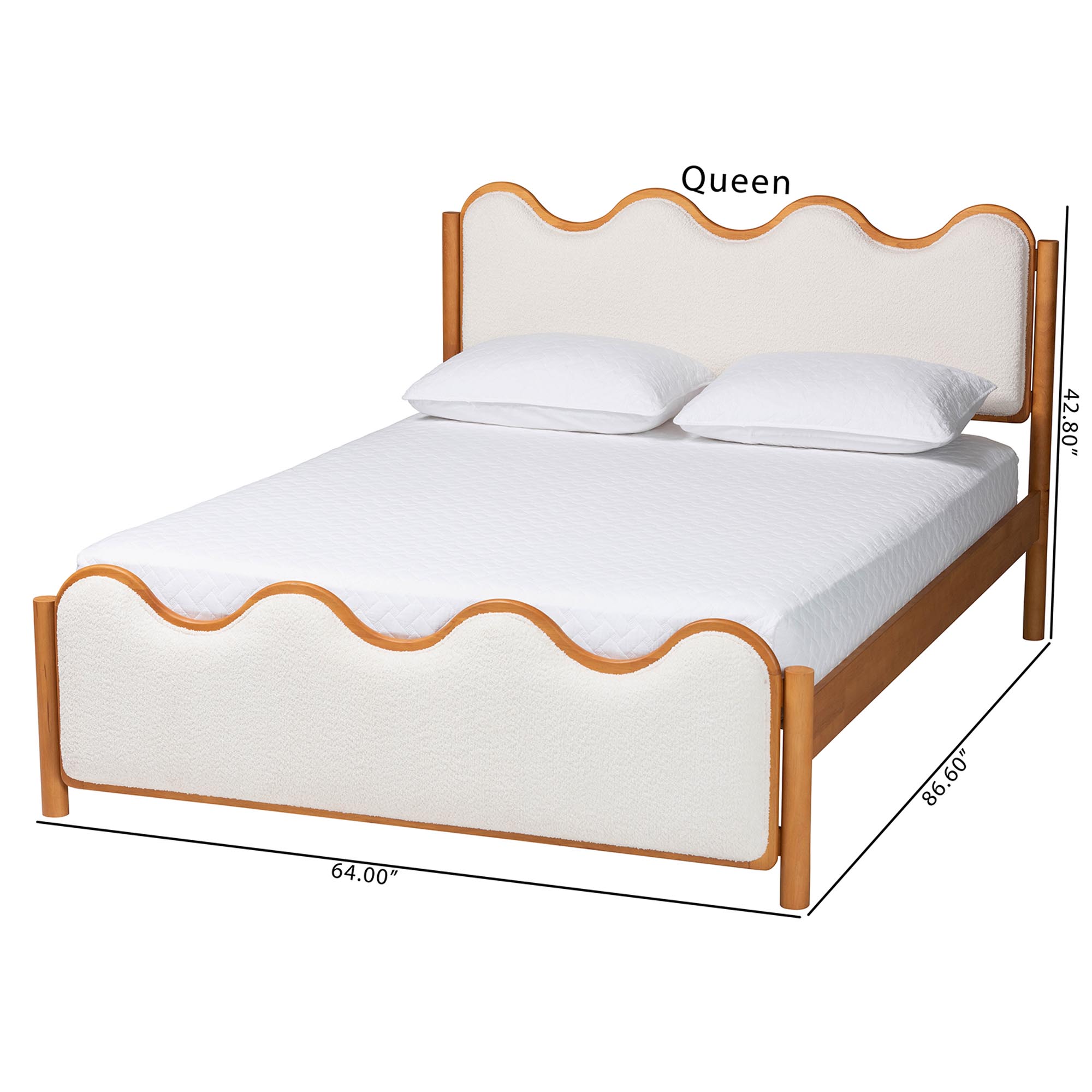 Baxton Studio Lilia Mid-Century Modern Scalloped Cream Boucle and Oak Brown Wood Queen Platform Bed