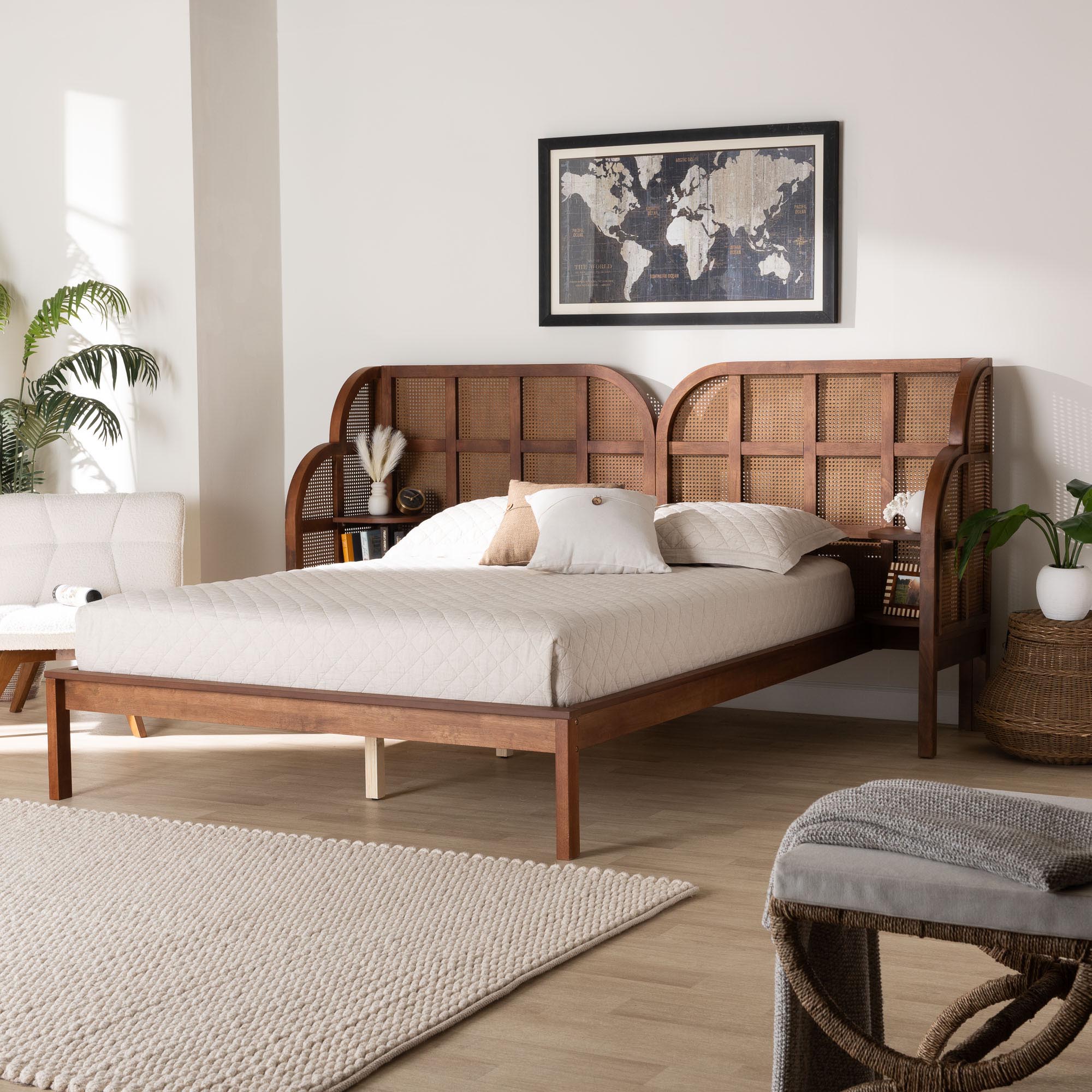 Baxton Studio Cascadia Mid-Century Modern Walnut Brown Wood Queen Size Wingback Platform Bed