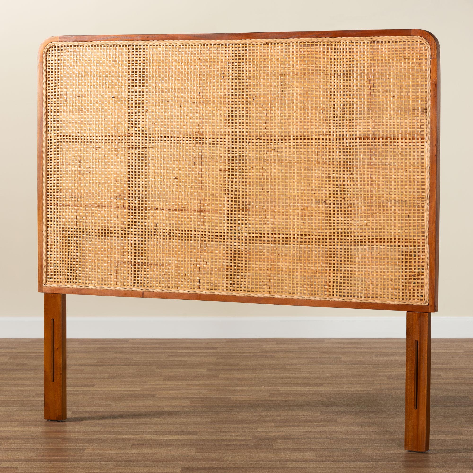 bali & pari Caspia Bohemian Natural Rattan and Mahogany Wood Queen Size Headboard