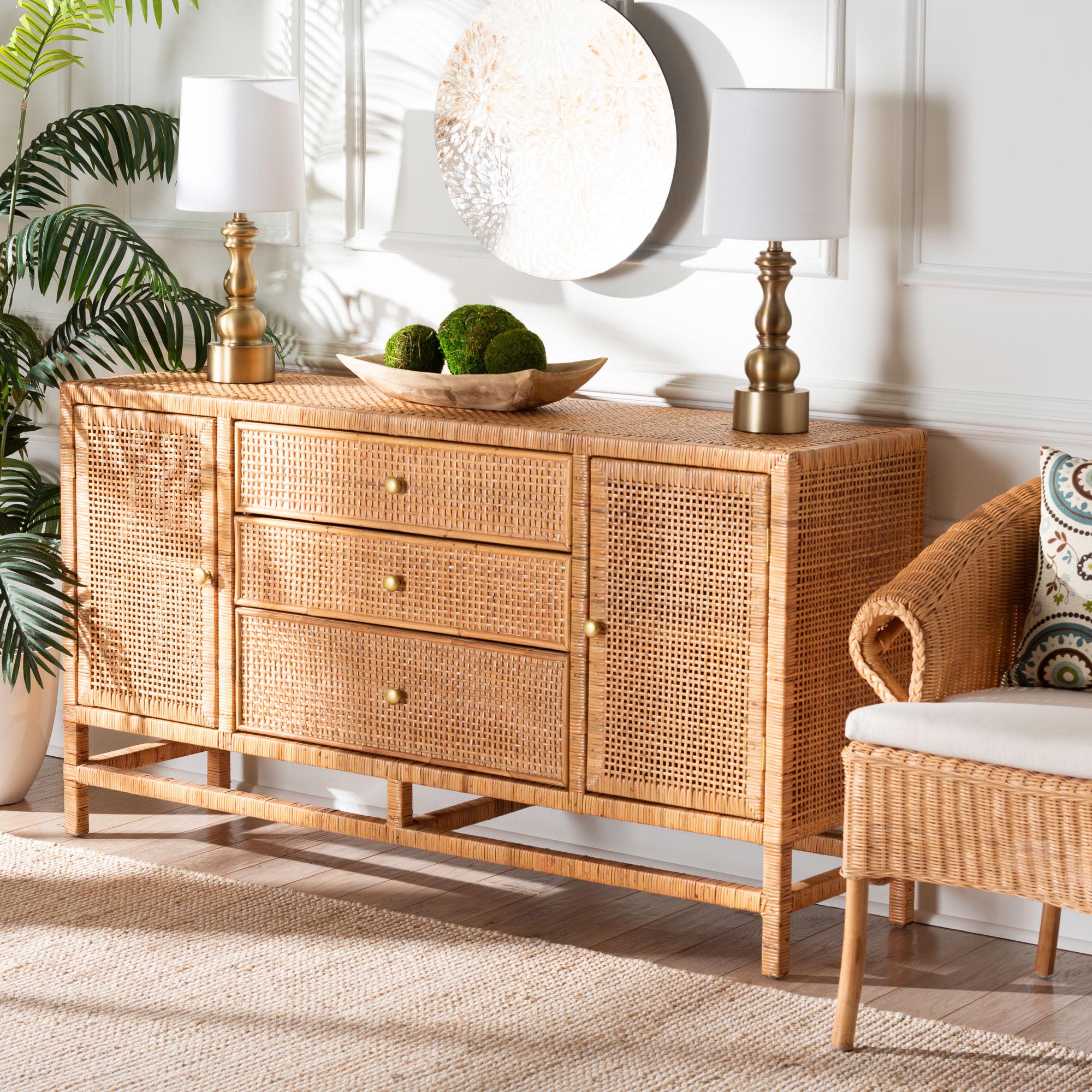 bali & pari Vivan Bohemian Honey Rattan and Mahogany Wood 3-Drawer Storage Cabinet
